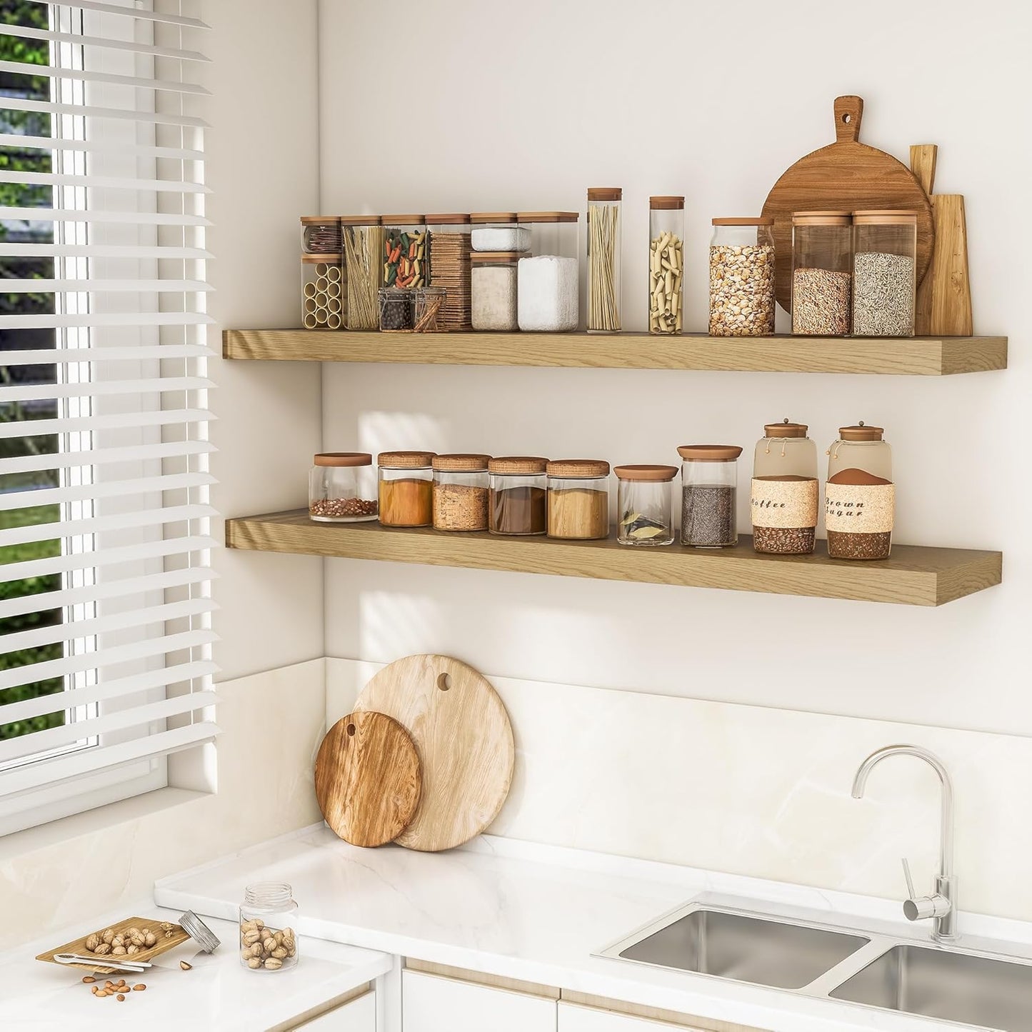 RICHFOCUS 55Inch Floating Shelves for Wall 2 Pack Shelves for Bedroom|Kitchen|Bathroom Wall Mounted Rustic Wood Floating Shelf with Invisible Brackets for Books|Storage|Decor, Oak