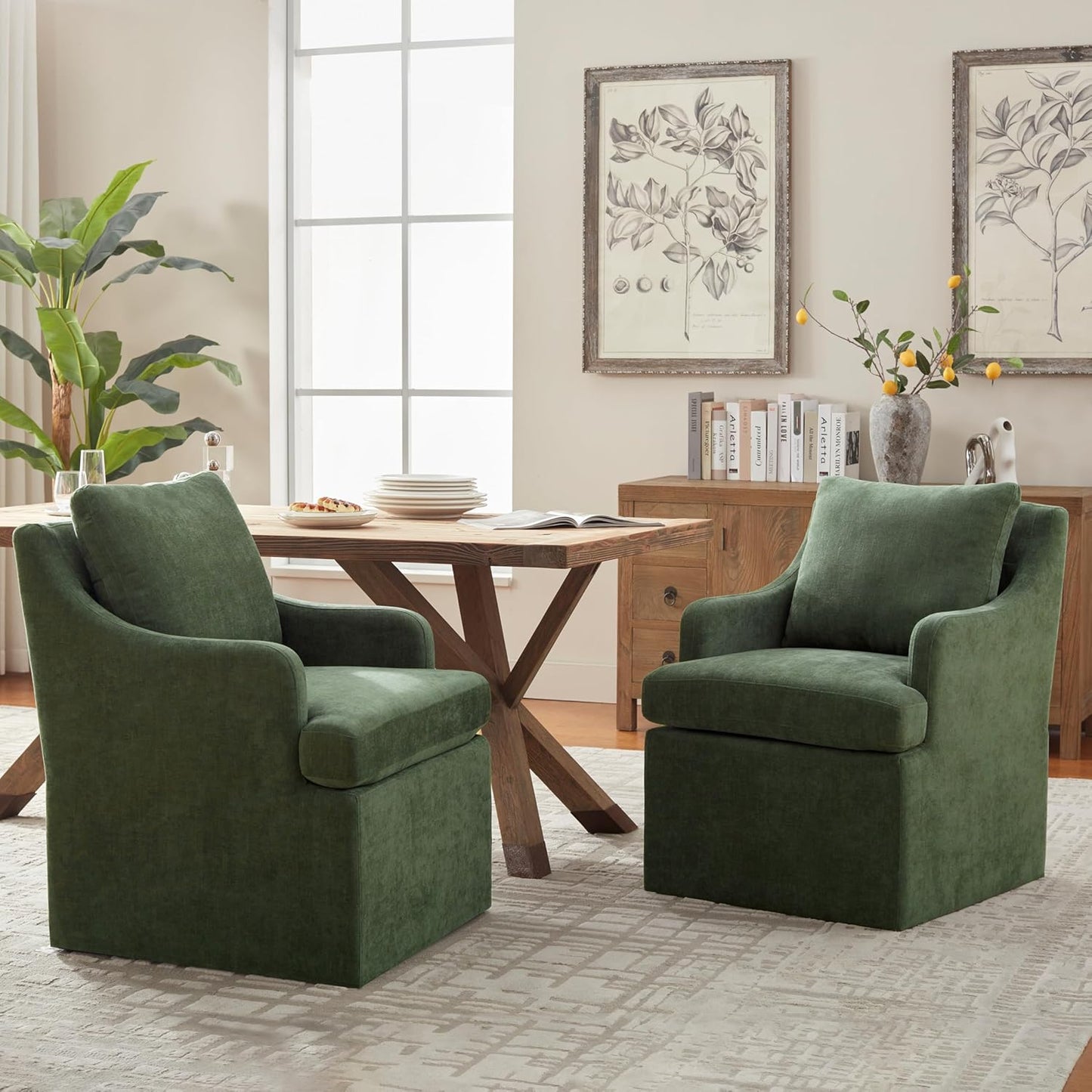 VKNOW Upholstered Dining Chairs Set of 2, Modern Kitchen Chair Dinner Chairs with 4 Casters, Linen Armchair for Bedroom Reading Room, Green