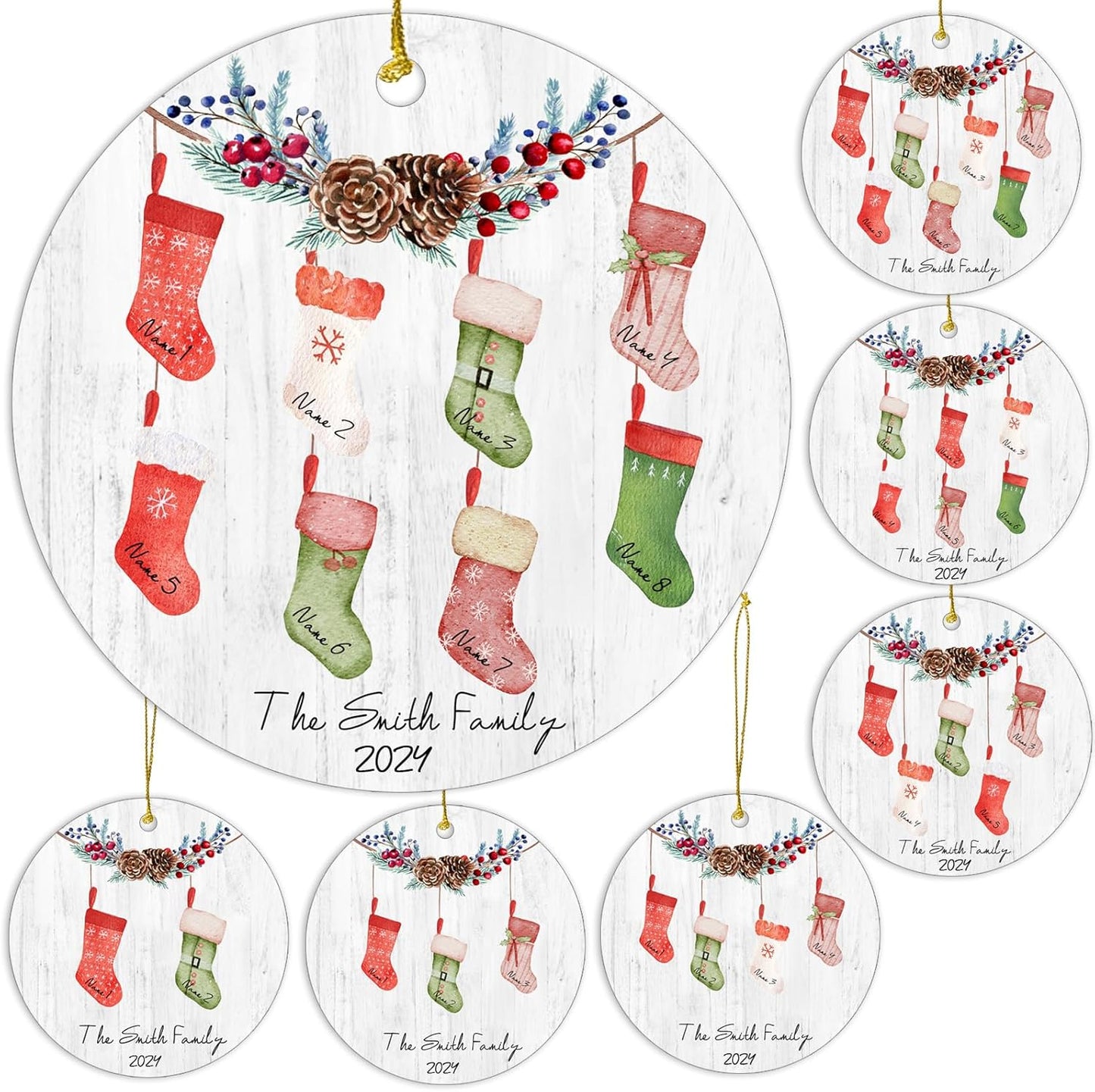 Personalized Family Christmas Ornaments 2025,Double-Sided Ceramics Custom Christmas Stocking Tree Ornament - Up to 8 Names,Customize Names for Each Family Member - Hanging Customized Xmas Ornaments
