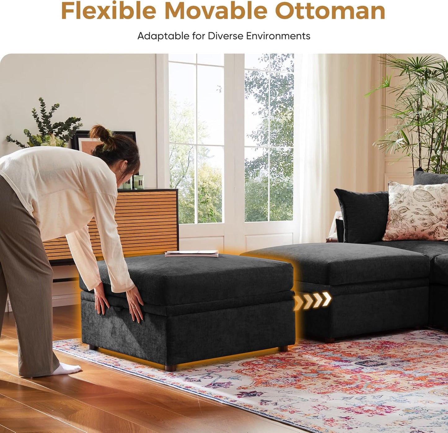 166.6" Oversized Modular Sectional Sofa, U Shaped Convertible Couch with Movable Ottoman, Large 8 Seat Corner Couches for Living Room Deep Seat Black Chenille