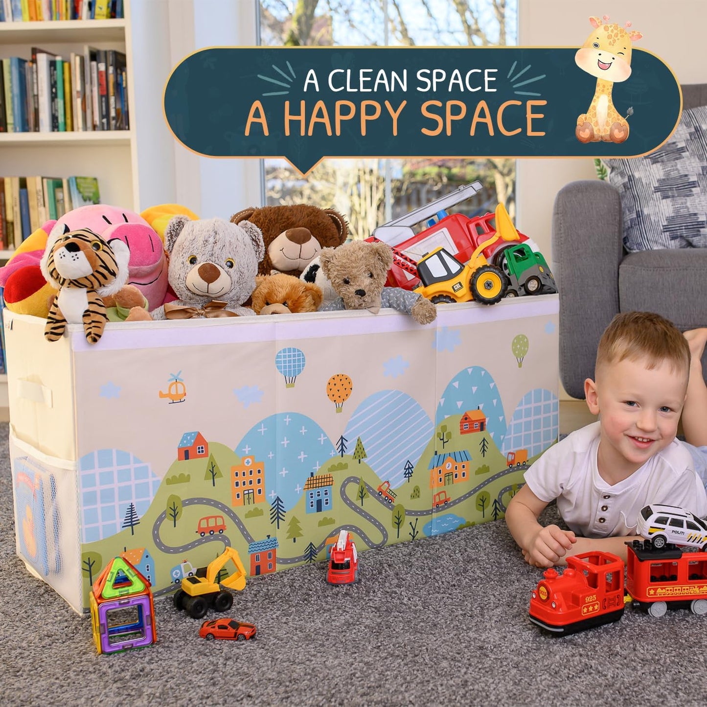 Extra Large Toy Storage Organizer with Lid - Sturdy, Collapsible Toy Chest Storage Box with Cute Design - Toys Bin with Dividers for Kids, Boys, Girls, Nursery, Bedroom, Play room 37"x16"x14"