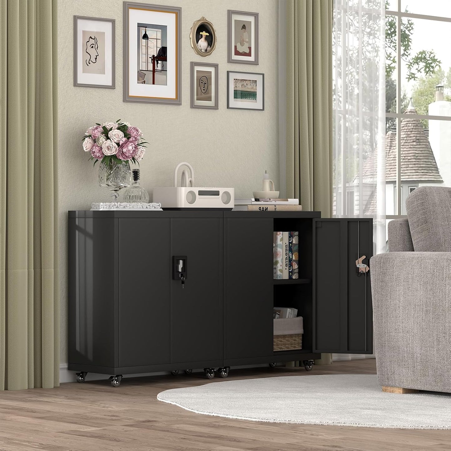 Metal Storage Cabinet with Wheels,Lockable Steel Rolling Storage Cabinet with 2 Doors for Garage,Home Office,Assembly Required,Black