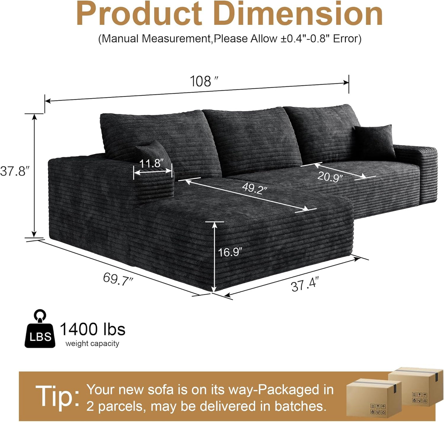108" Sectional Couches for Living Room Modern Modular Sofa with L-Shape Couchs Upholstered Boneless Couch Deep Seat Sectional Couch with Chaise (Black, Left Facing Chaise+2Seaters)