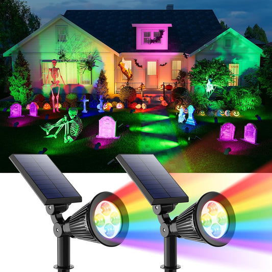 2 Pack Color Changing Solar Spotlights Outdoor for Halloween Decorations, Skeletons, Tombstones, Pumpkin, Waterproof Solar Landscape Spot Lights Uplighting for Outside House, Yard, Garden, Pathway