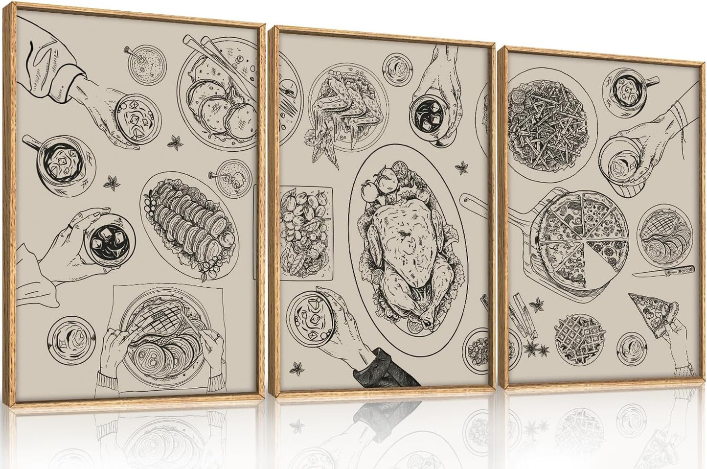 HPINUB Vintage Food and Drink Framed Canvas Wall Art Set,Sketch Pizza Cheers Wall Decor,Thanksgiving Dinner Turkey Artwork,Black and white Art Prints for Kitchen,Dining Room,Gatherings Decor-16"x24"x3