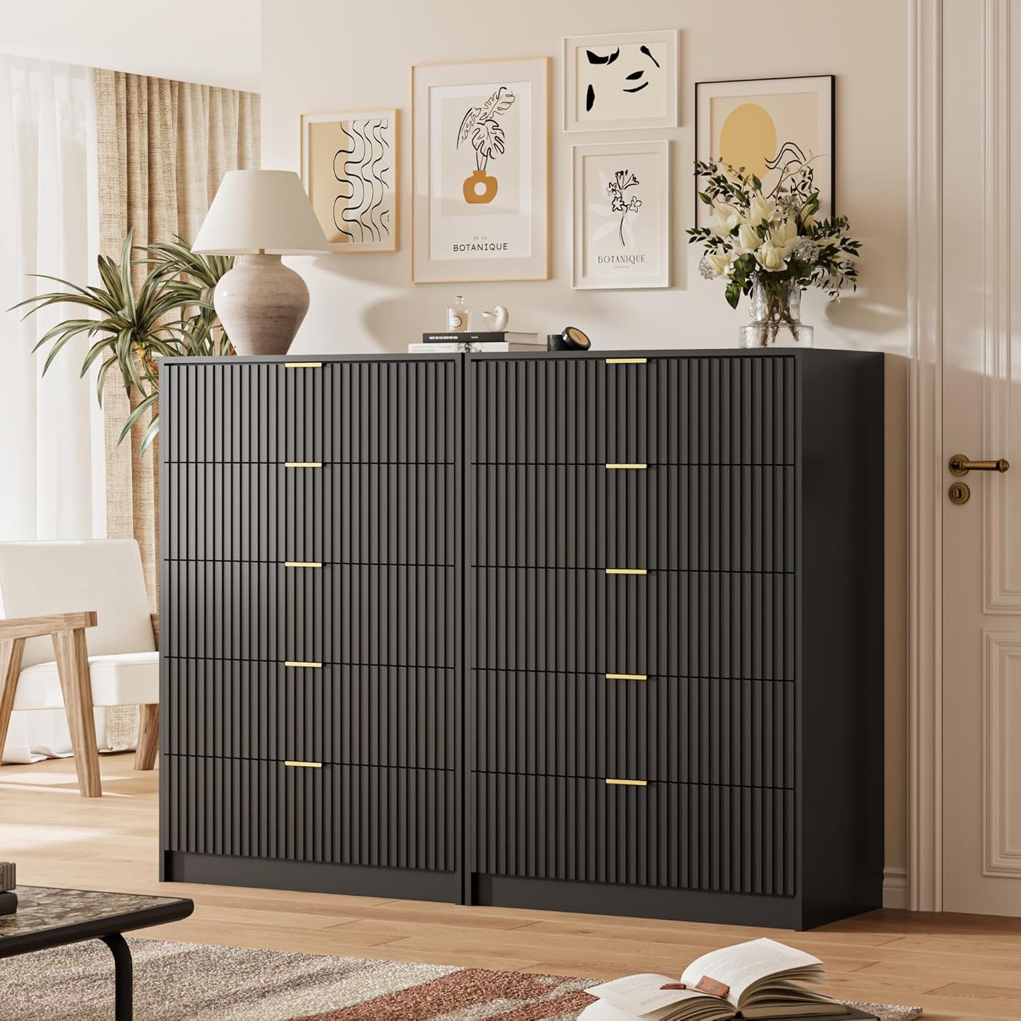5 Drawer Dresser for Bedroom, Tall Dresser Chest of Drawers with Gold Handles, 32 Inch Wide Nightstand with for Bedroom, Living Rooms, Offices, and Entryways, Black