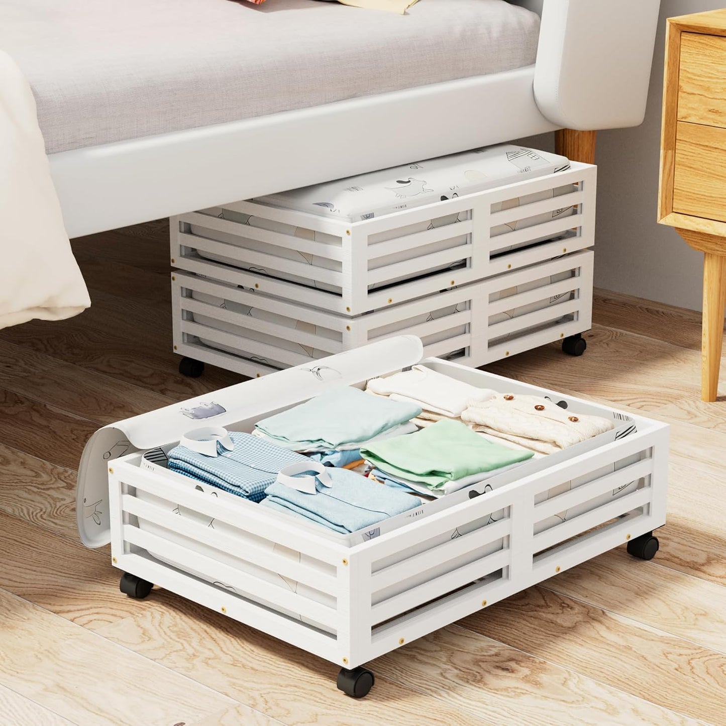 Under Bed Storage with Wheels-Large Bamboo Underbed storage Containers with Large Dust Bag Stackable Under the Bed Shoe Storage Bins for Clothes Books Bedding (2 Packs White, 23.62"L×16.54"W× 6.51"H)