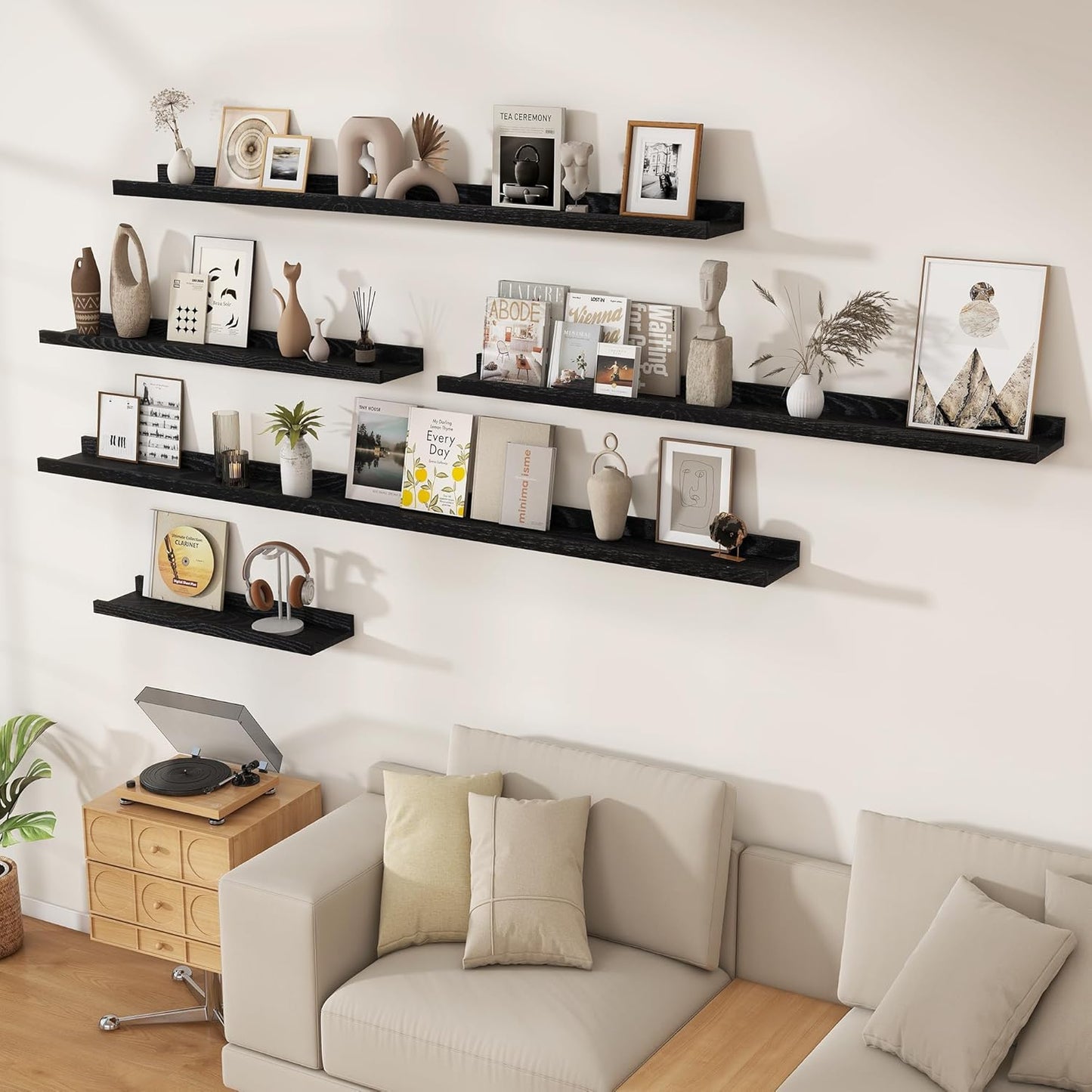 Floating Picture Ledge Shelves 48 Inch Solid Oak Wood Set of 2, Rustic Wall Storage Shelves with Lip, Kids Bookshelf, Photo & Picture Ledge Shelves for Bedroom, Living Room, Kitchen