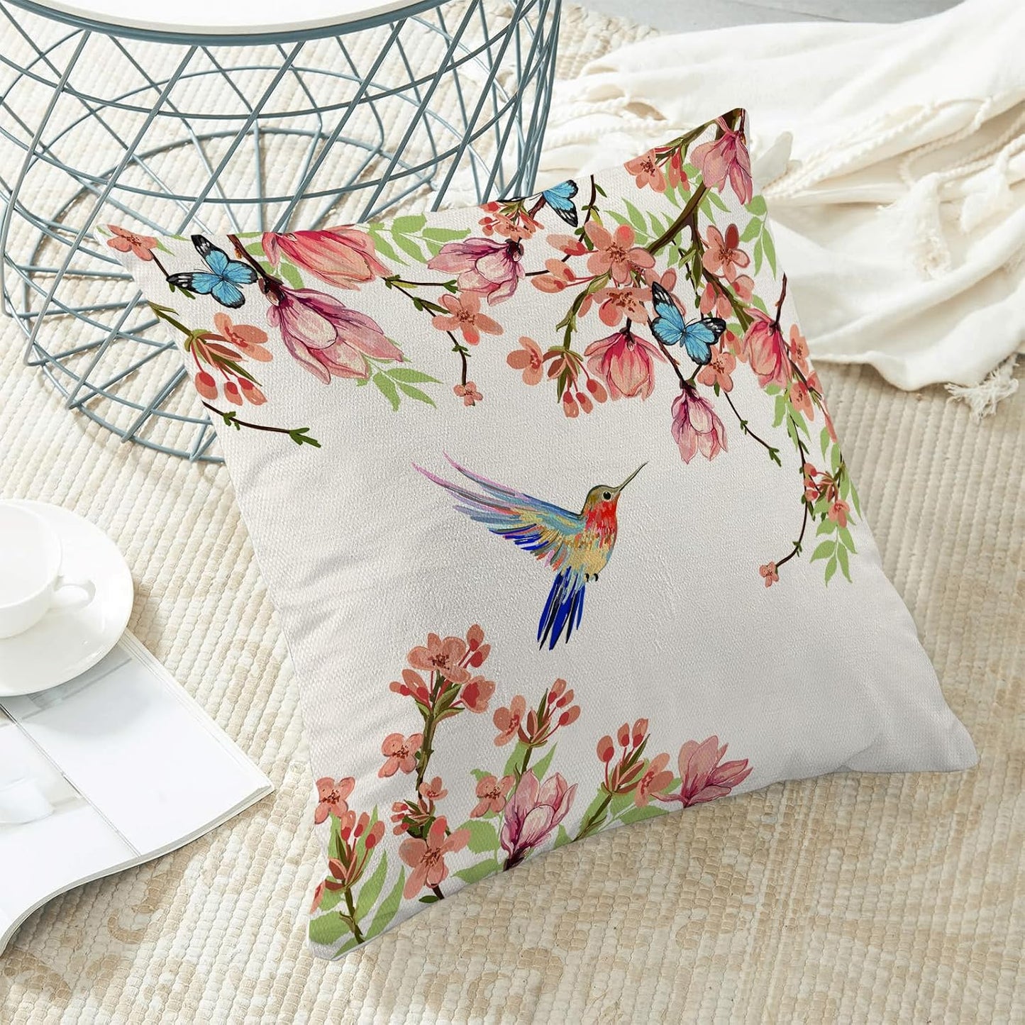Hummingbird Flower Pillow Covers 20 x 20 Inch Set of 2 for Watercolor Floral and Birds Spring Blooming Decor Throw Pillows Nature Plant Outdoor Decorative Cushion Cases for Couch Bed Decoration