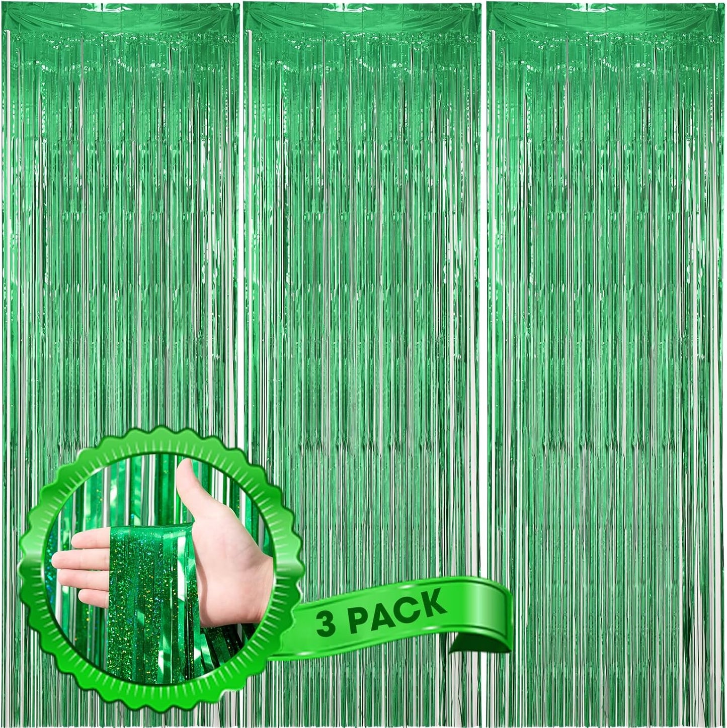 3 Pack 3.3 x 8.2 ft Laser Green Foil Fringe Backdrop Curtains, Tinsel Streamers Birthday Party Decorations, Fringe Backdrop for Graduation, Baby Shower, Gender Reveal, Disco Party