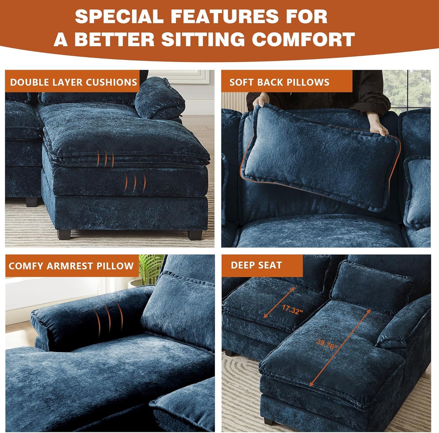 113" Oversized Cloud Couch, U Shape Sectional 4 Seat Sofa with Double Chaises, 2 Layer Cusions, Deep Seat Comfy Sofa, Upholstery Chenille Fabric for Living Room, Blue