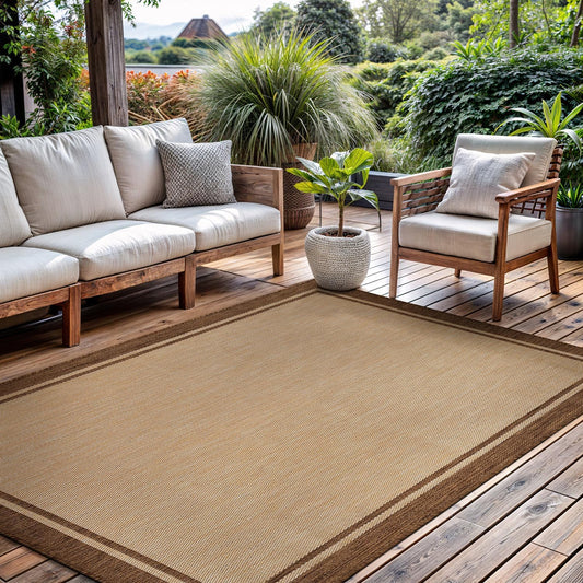 CAMILSON Outdoor Rug 5x7 Bordered Natural Brown Modern Area Rugs for Indoor and Outdoor Patios, Kitchen and Hallway Mats, Washable Porch Deck Outside Carpet (Border Jute, 5 x 7)