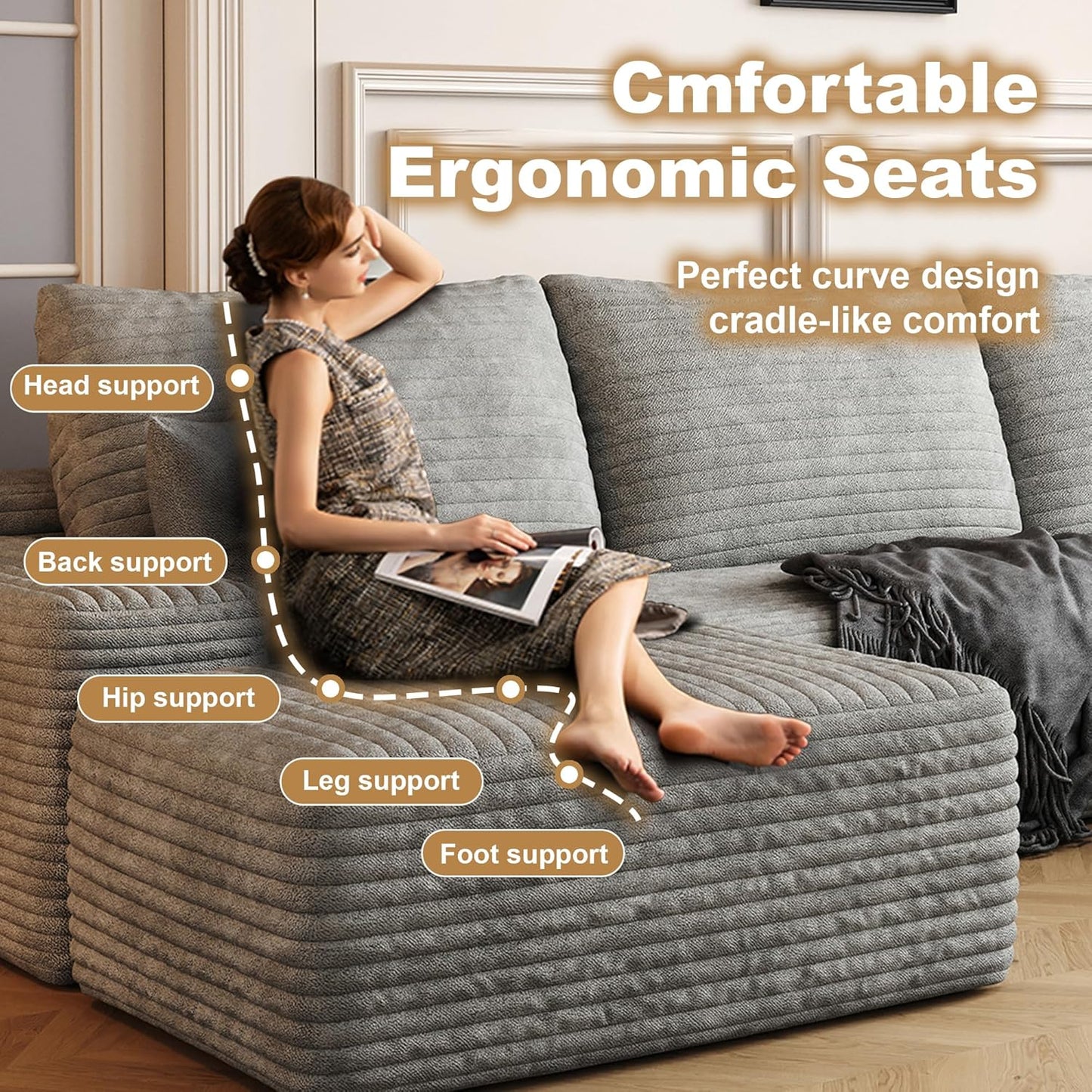 108" Sectional Couches for Living Room Modern Modular Sofa with L-Shape Couchs Upholstered Boneless Couch Deep Seat Sectional Couch with Chaise (Grey, Right Facing Chaise+2Seaters+1Ottoman)