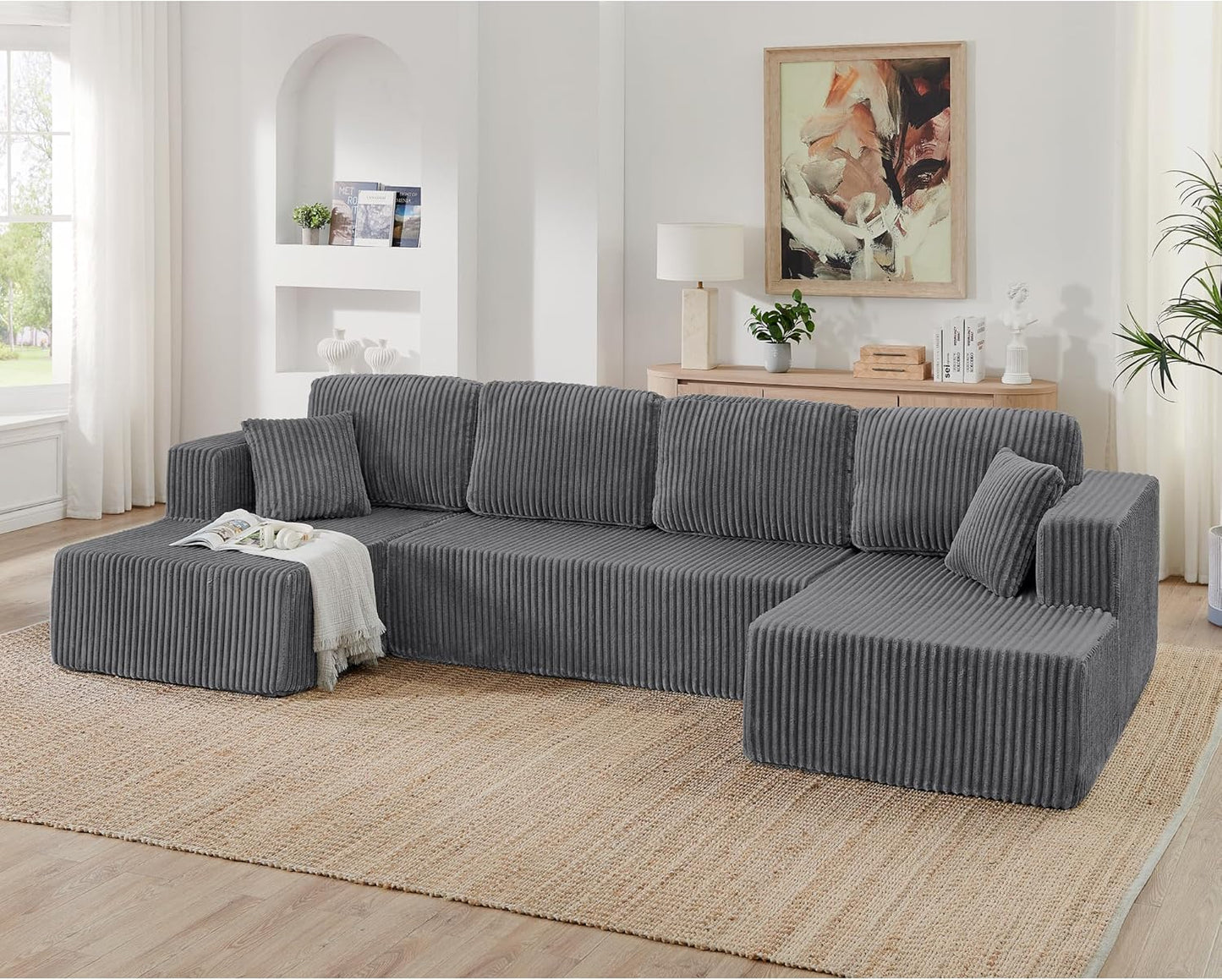 HYJT-H&K Modular Sectional Sofa Cloud Secttional Couch, 132" Comfy U Shaped Couches for Living Room, Deep Seat Memory Foam Fluffy Plush Corduroy Boneless Couch Sectionals with Chaise, Grey