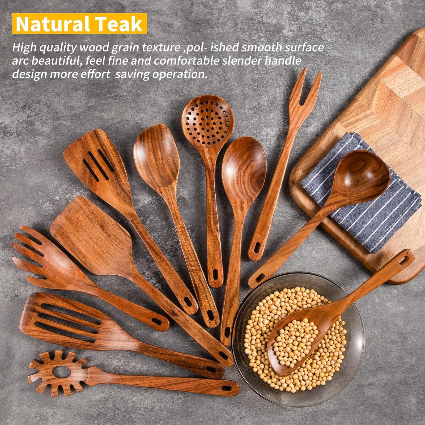 GUDAMAYE 11 PCE Wooden Spoons for Cooking, Wooden Kitchen Utensils Set,Wooden Cooking Utensils,Natural Teak Wooden Spoons For Non-stick Pan
