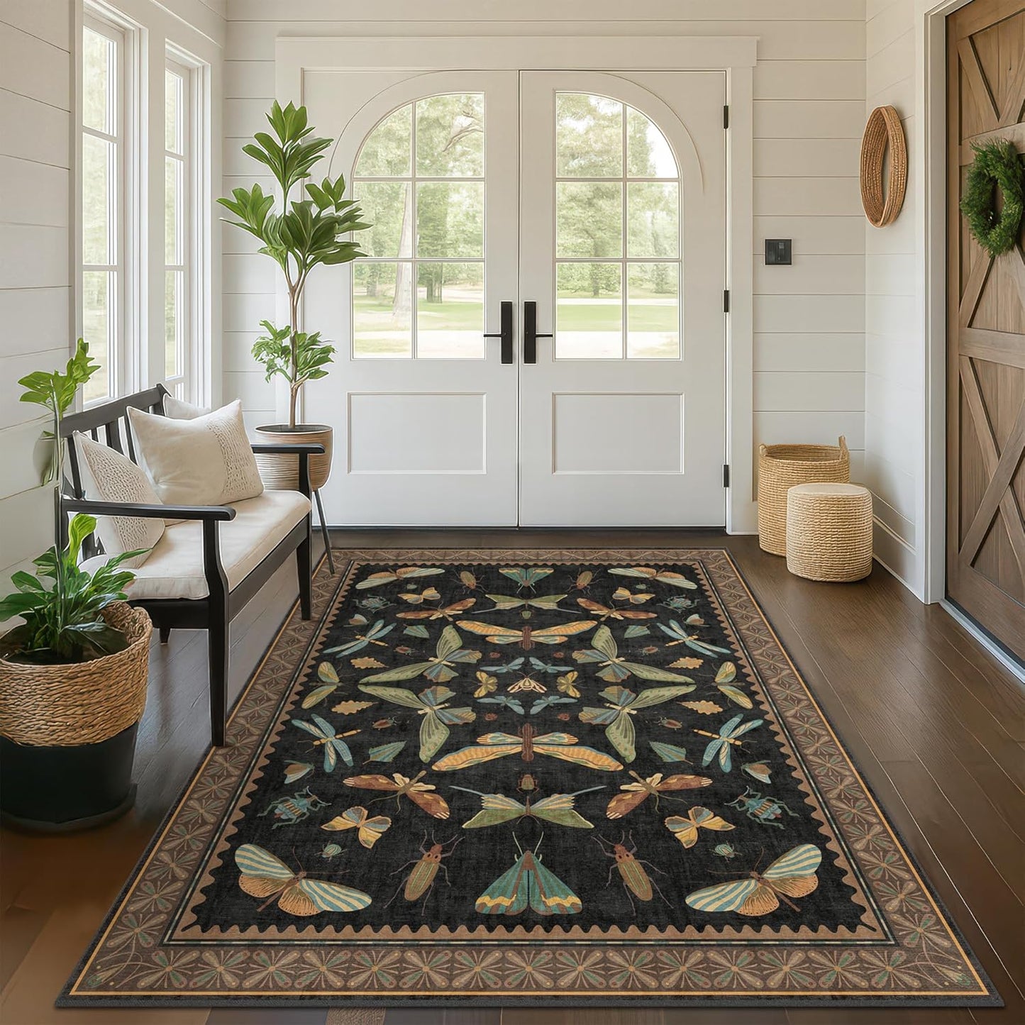 5x8 Black Rug for Bedroom - Boho Large Entryway Rug for Living Room, Under Small Dining Table, Dark Vintage Insect Witch Bug Decor, Washable Low Pile Waterproof Non Slip & Stain Resistance
