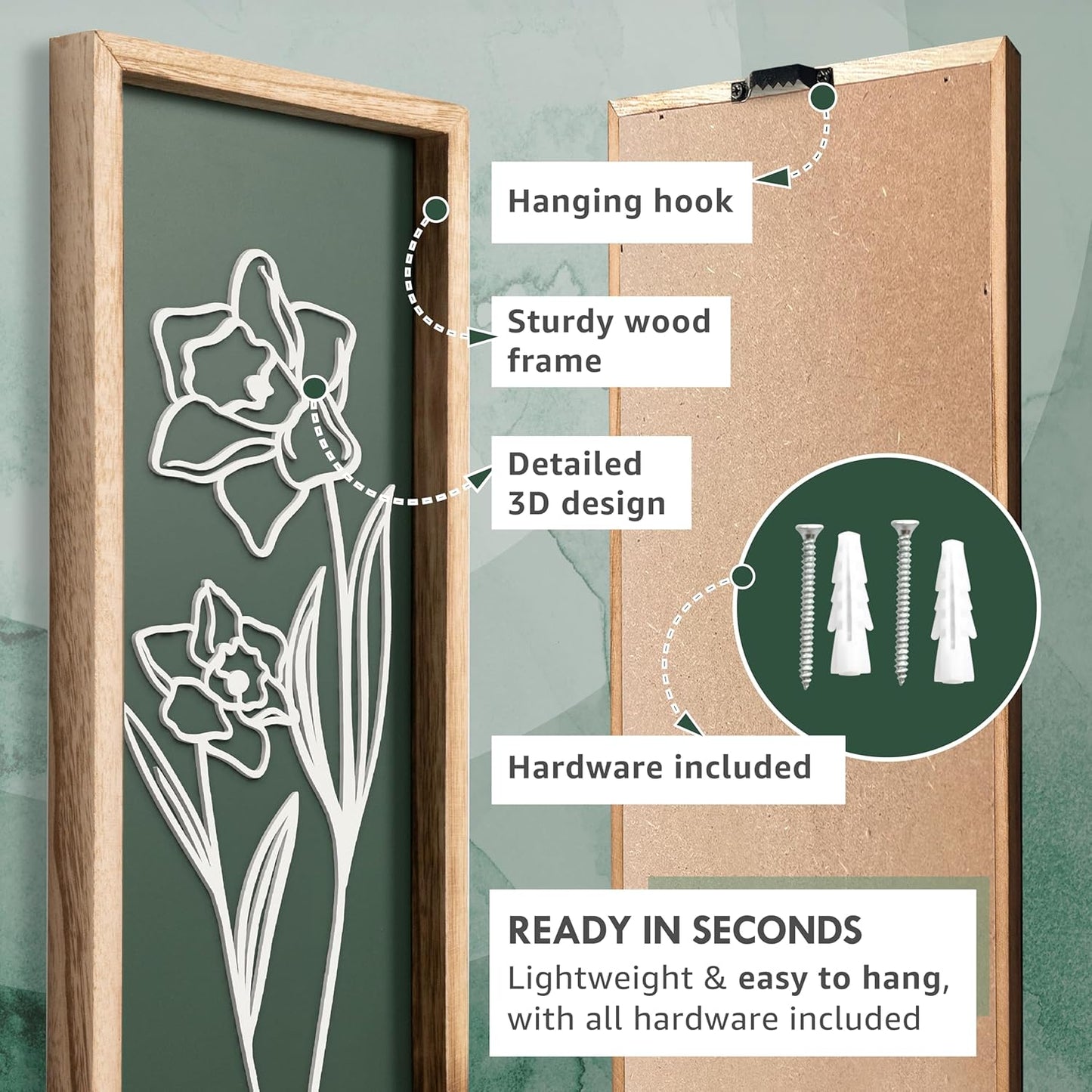 3D Floral Green Wall Art (Set of 3) Lightweight, Wooden Ready-to-Hang Boho Framed Wall Art for Bathroom, Master Bedroom, Living Room or Office - Premium Sage Green Farmhouse Decor - Gift-Boxed