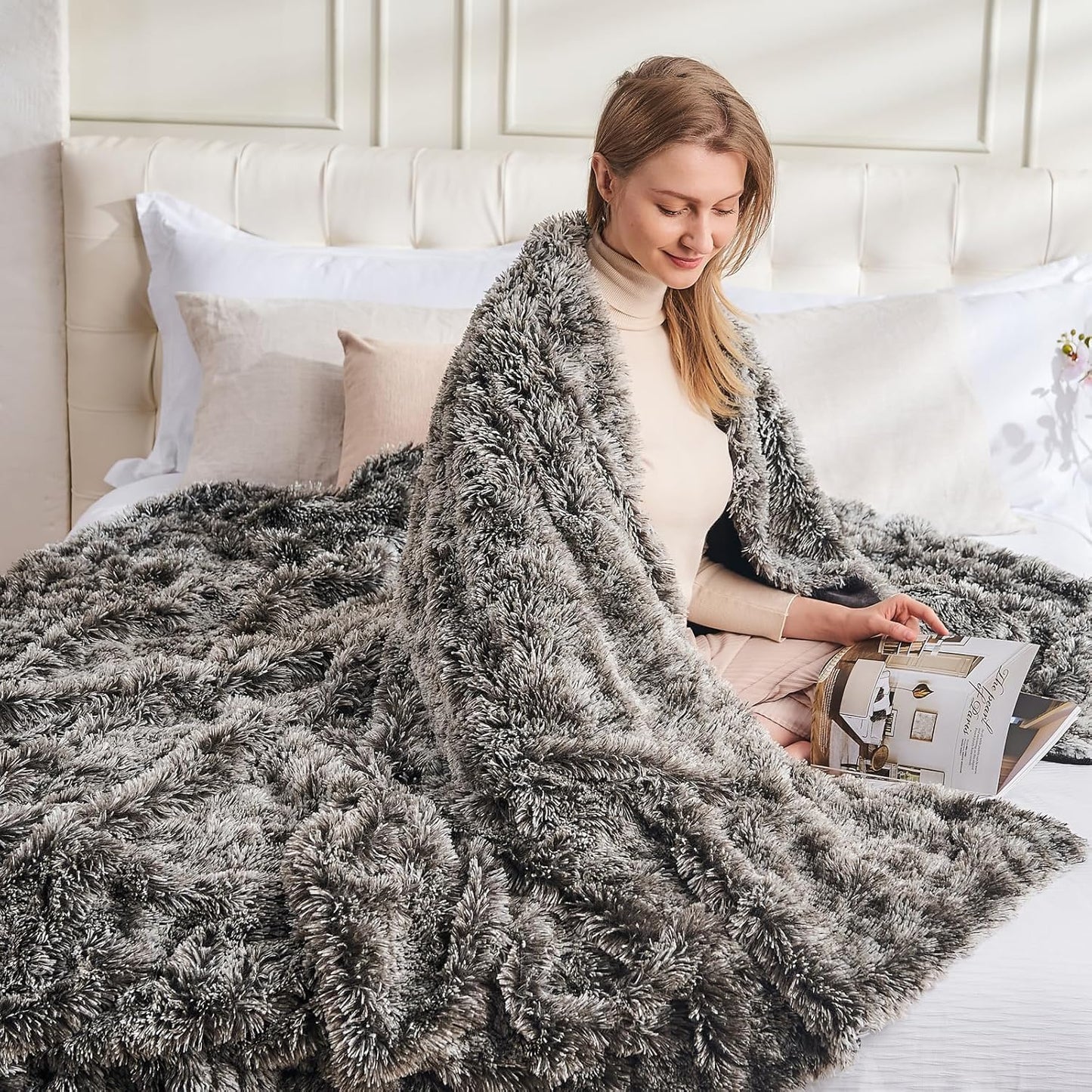 GONAAP Fuzzy Faux Fur Throw Blanket Twin Size Frosty Black Super Soft Cozy Plush Fuzzy Shaggy Blanket for Couch Sofa Bed (Frosty Black, Twin(60"x80"))