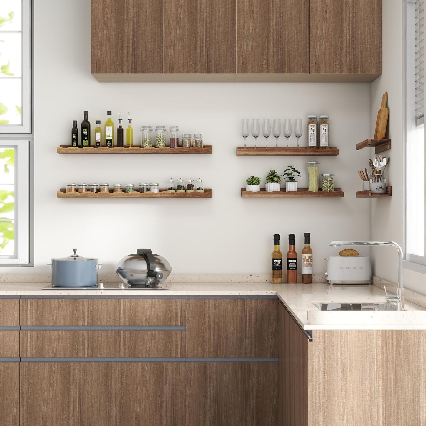 Fun Memories Picture Ledge Shelf for Wall, 24 inch Pine Wood Nursery Book Shelves Set of 2- Wall Book Shelves for Kids Room, Home Decor - Kitchen Spice-Carbonized