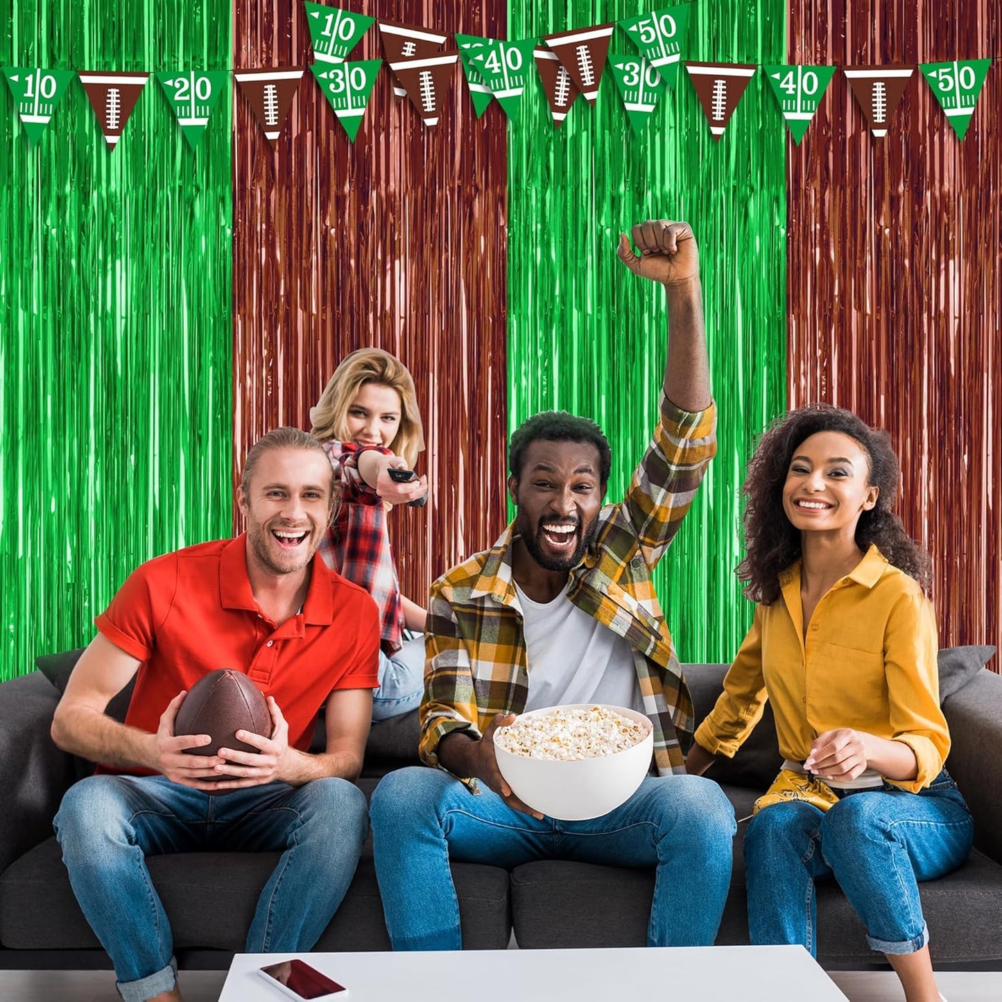 2 Pack Football Party Decorations, 3.28 FT x 7.05 FT Tinsel Backdrop, Brown Green Foil Fringe Curtains Metallic Party Streamer, Football Party Supplies Game Day Decorations 2025