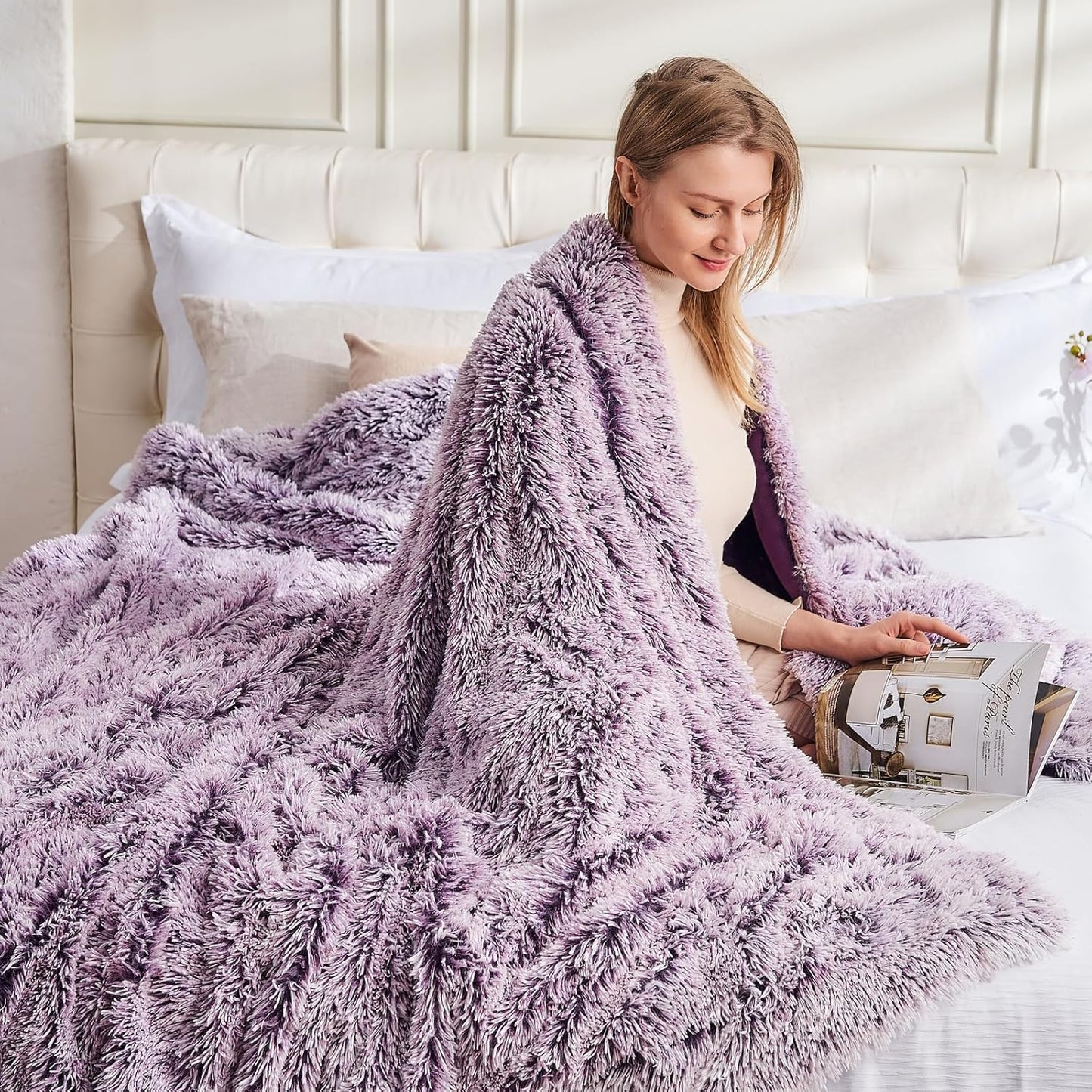 GONAAP Fuzzy Faux Fur Throw Blanket Queen Size Frosty Purple Super Soft Cozy Plush Fuzzy Shaggy Blanket for Couch Sofa Bed (Frosty Purple, Queen(90"x90"))