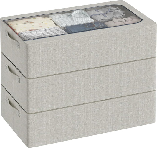 3PCS Under Bed Storage Bins with Metal Frame, Linen Fabric Frame Storage Box Clothes Organizer Bins, Underbed Container with Clear Window (Light Grey, 23.6 x 13 x 6IN)