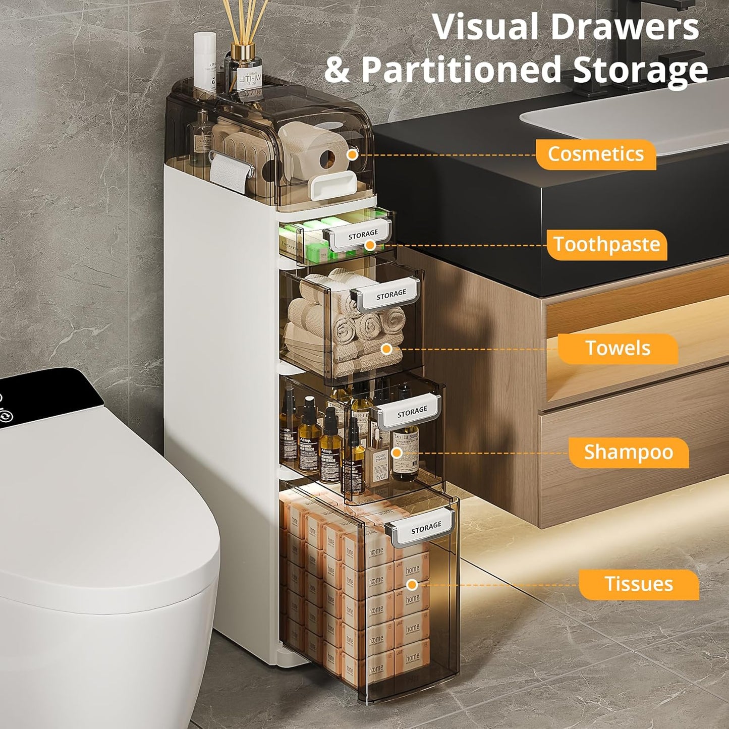 VECELO 5-Tier Narrow Beside Toilet Storage Cabinet, Plastic Bathroom Organizers and Storage with Drawers & Wheels, Space-Saving, Slim Toilet Paper Storage for Bathroom, Laundry Room, Small Space