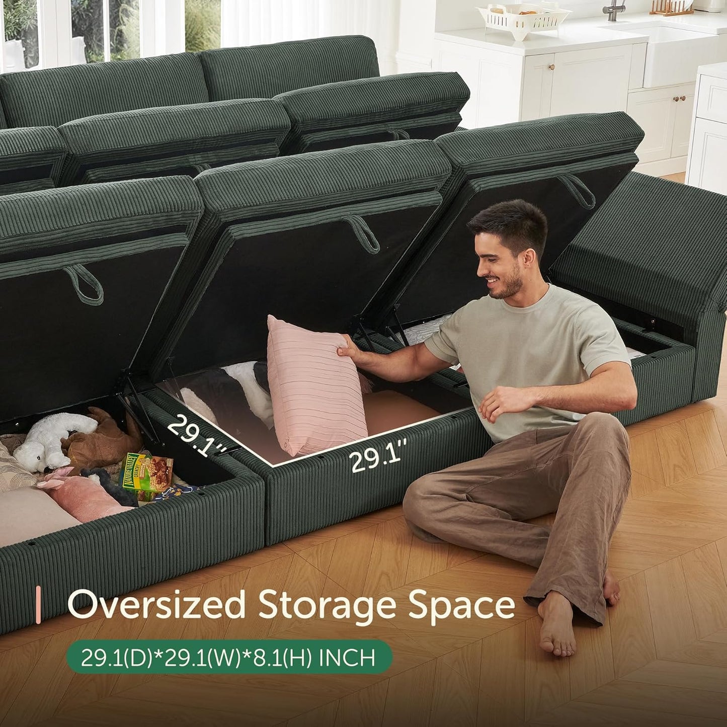 HONBAY Modular Sectional Couches with Storage Corduroy Sleeper Sofa Modular Sectional Couches for Living Room,Green