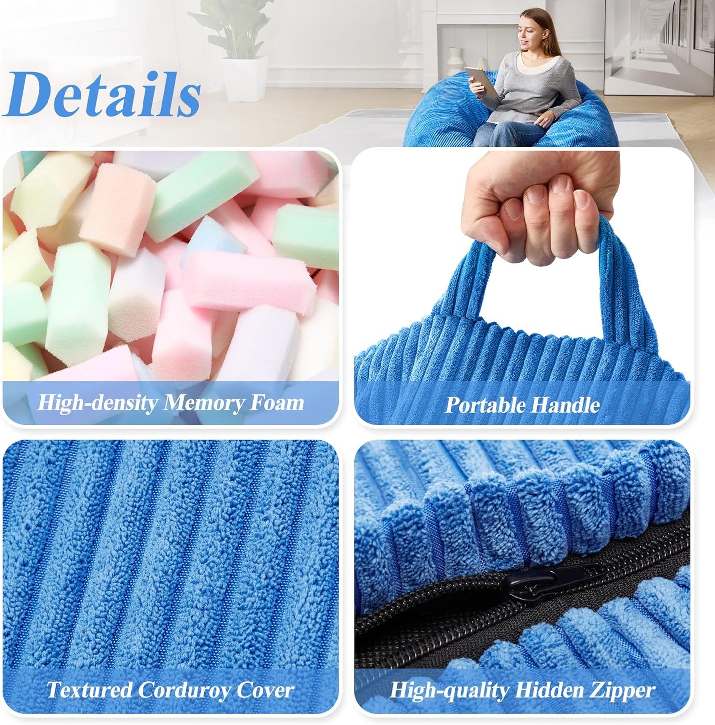 3.5FT Bean Bag Chairs Teardrop Bean Bag Chair for Adults Beanbag Chair with Memory Foam Filled Machine Washable Cover for Living Room, Bedroom (Large,Blue)