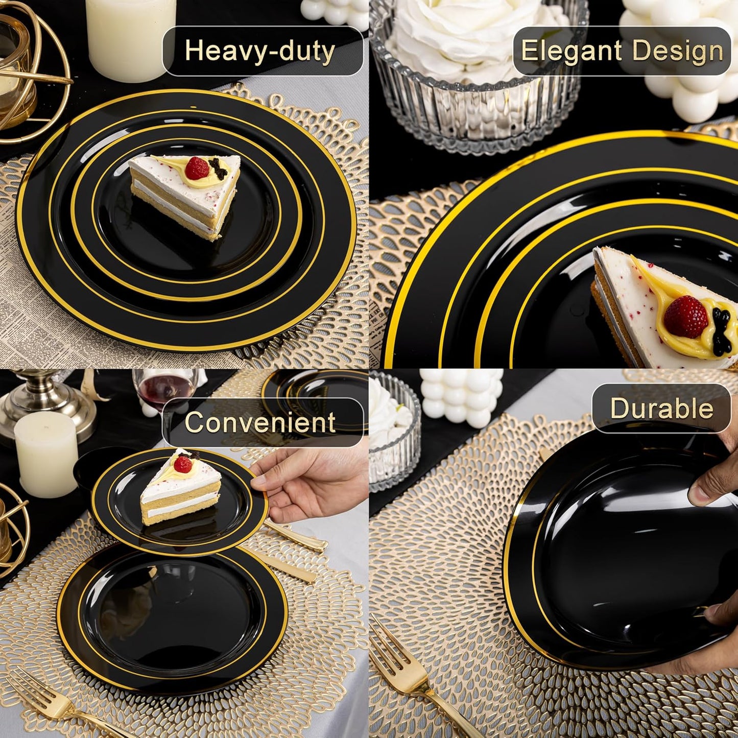 350 Pieces Black and Gold Plastic Plates with Disposable Silverware, Include 50 Dinner Plates 9”, 50 Dessert Plates 6.3”, 50 Black Cups 9 OZ, 50 Pre Rolled Napkins for Halloween new year