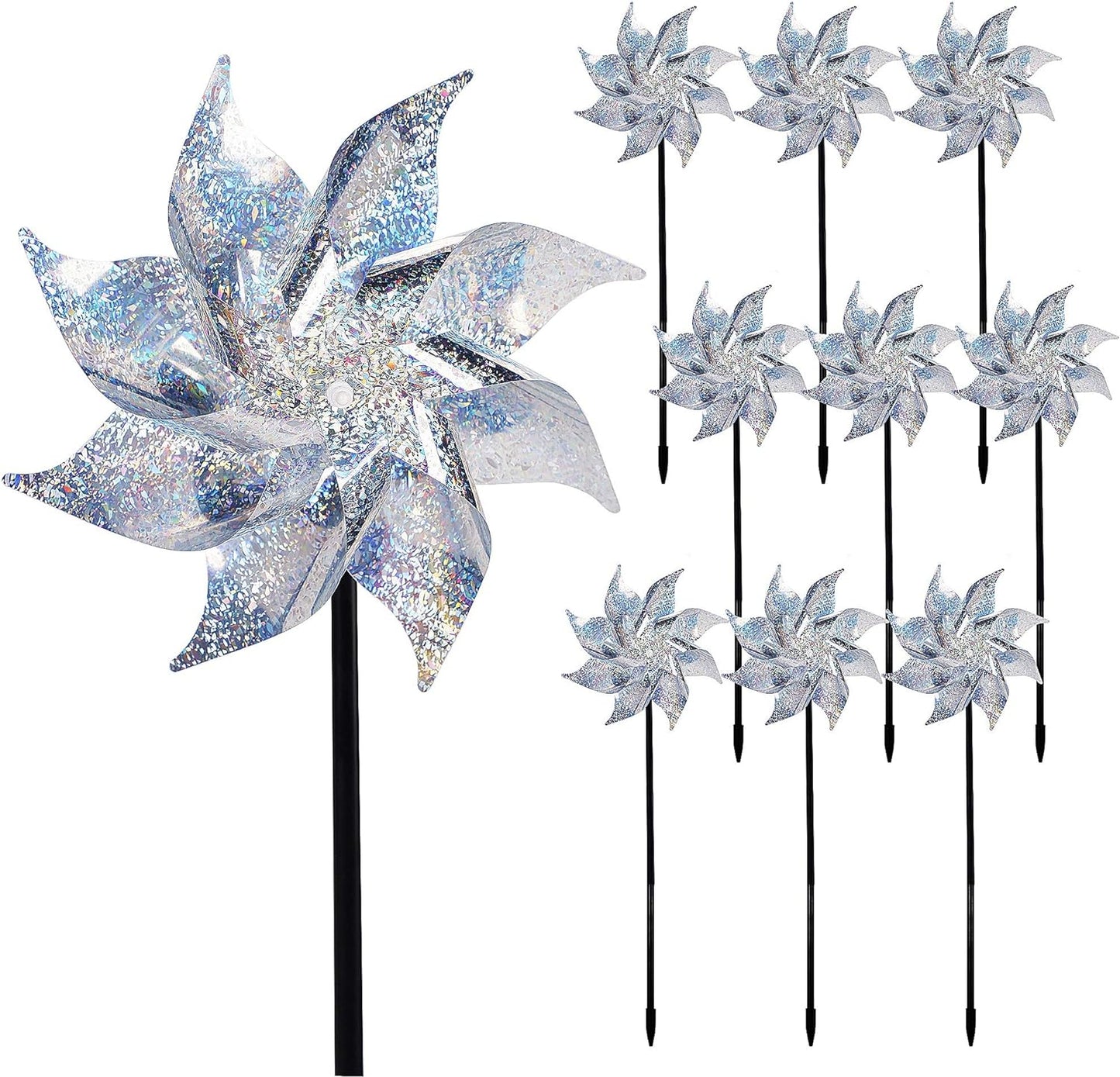 Hausse 10 Pack Reflective Pinwheels with Stakes (Assembly Required), Extra Sparkly Pin Wheel for Garden Decor, Bird Repellent Devices Deterrent to Scare Birds Away from Yard Patio Farm