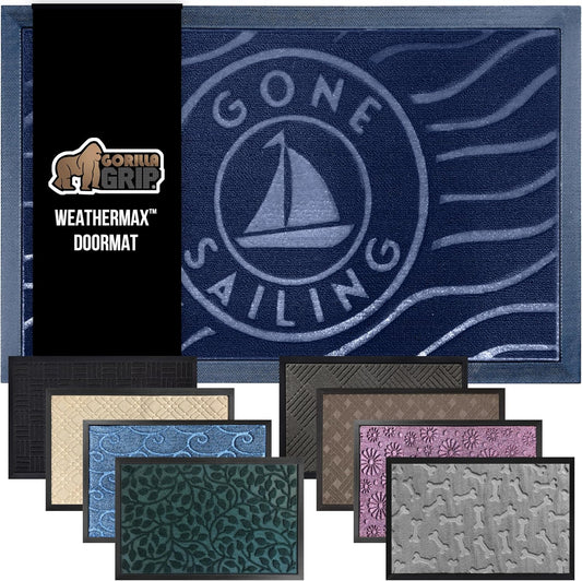 GORILLA GRIP 100% Waterproof All-Season WeatherMax Doormat US Designed Natural Rubber, Stain and Fade Resistant, Low Profile Indoor Outdoor Door Mats, Easy Clean Patio Mat, 17x29, Blue Sailing