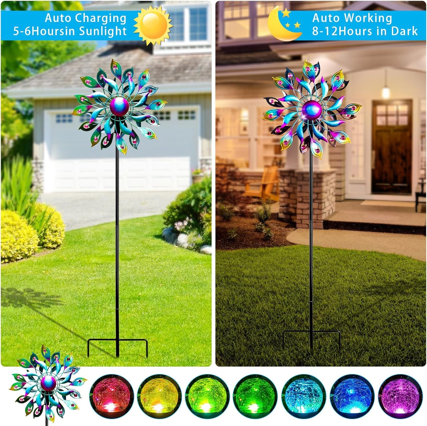 51.9" Peacock Solar Wind Spinner Outdoor Decor – Waterproof LED Lighted Garden Art with Adjustable Metal Pole, IP65 Weather Resistant for Yard, Patio