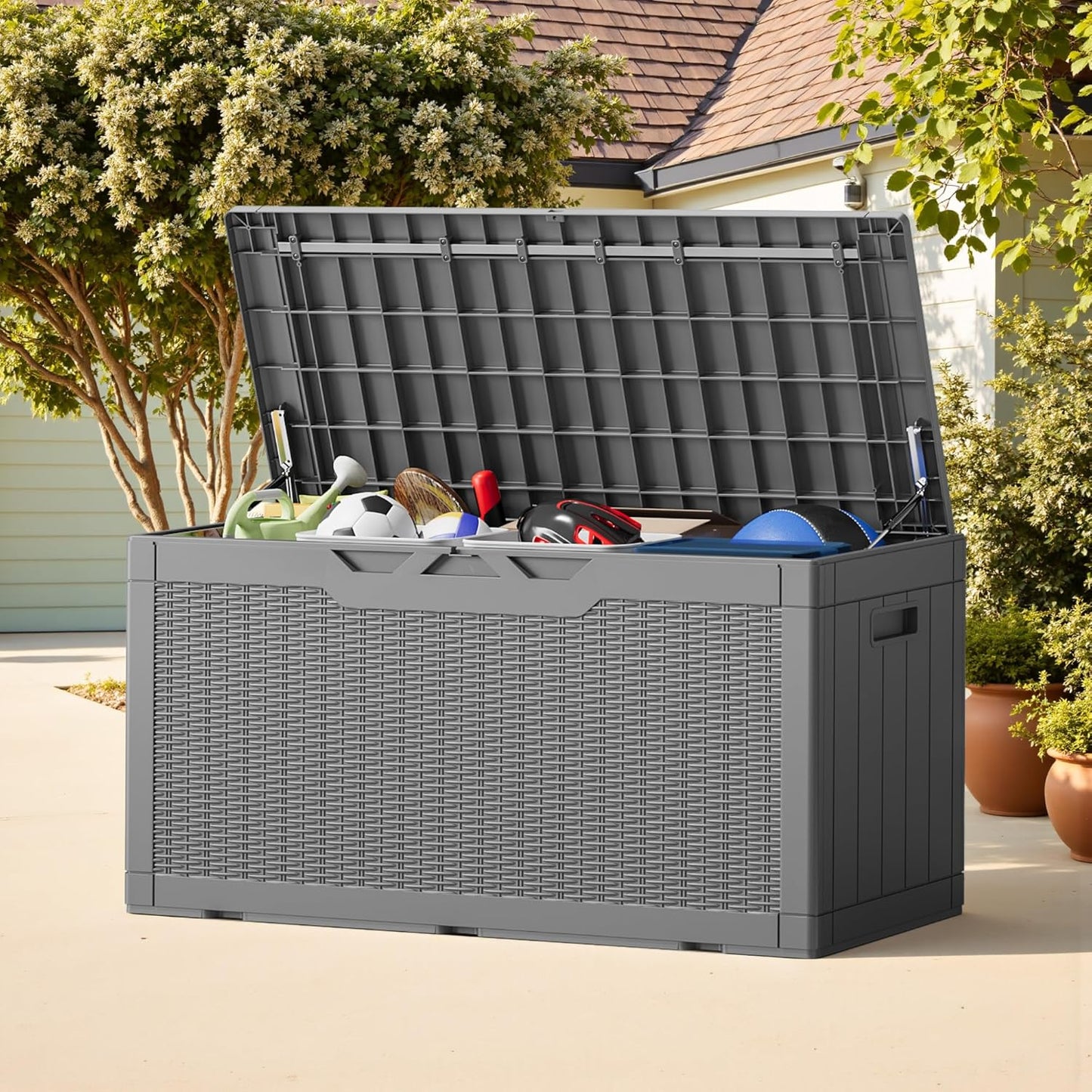 Greesum 100 Gallon Resin Deck Box Lockable Large Outdoor Storage Boxes for Garden Tools, Patio Furniture Cushions, Pool Supplies, Gray