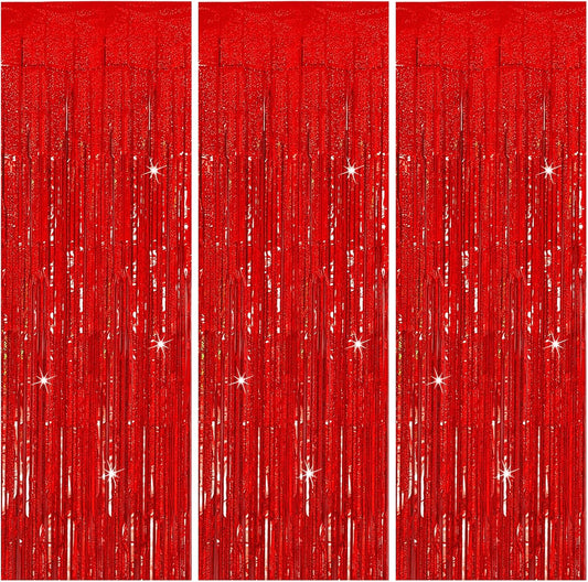 3 Pack Red Streamers Party Backdrop Christmas Decorations Foil Fringe Backdrop Curtains Carnival Casino Theme Birthday New Year Holiday Celebration Bachelorette Party Decorations Supplies