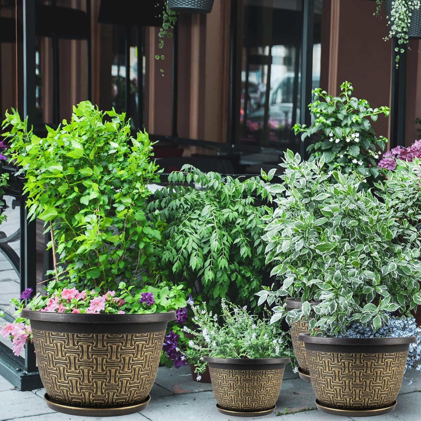 4 Pack 16 Inch Planter,Large Plastic Flower Pots Outdoor Indoor with Drainage Holes & Trays, Retro Antique Imitation Decorative Garden Plant Pots Outdoor for Houseplants