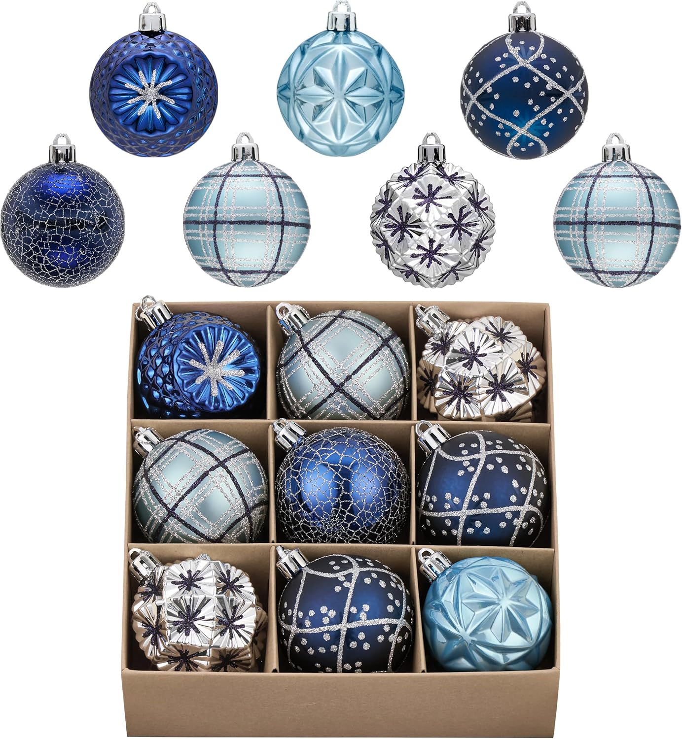 Valery Madelyn Ornaments for Christmas Trees, 9ct 2.36 Inches Navy Blue and Silver Shatterproof Christmas Tree Decorations, Luxury Hanging Ball Ornaments for Xmas Holiday Party Decor