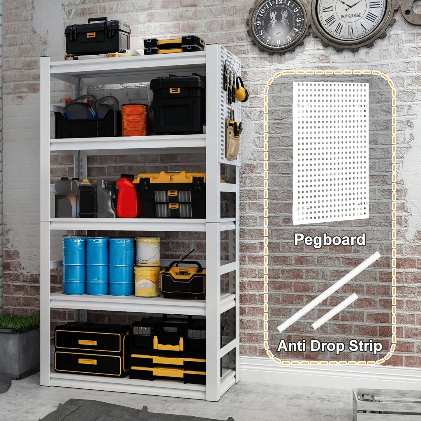 White Garage Shelving, 5 Tier Adjustable Shelving Units, Heavy Duty Metal Shelves, Bookshelf for Garage, Pantry, Basement, Living Room