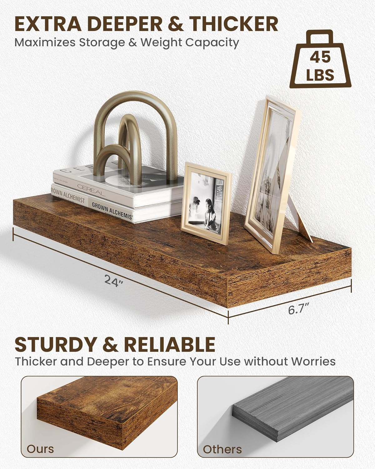 Marsmiles 24" Floating Shelves for Wall, Wooden Shelves with Invisible Brackets Set of 2, Rustic Farmhouse Wall Mounted Shelf for Kitchen Bathroom Living Room Study, Rustic Brown