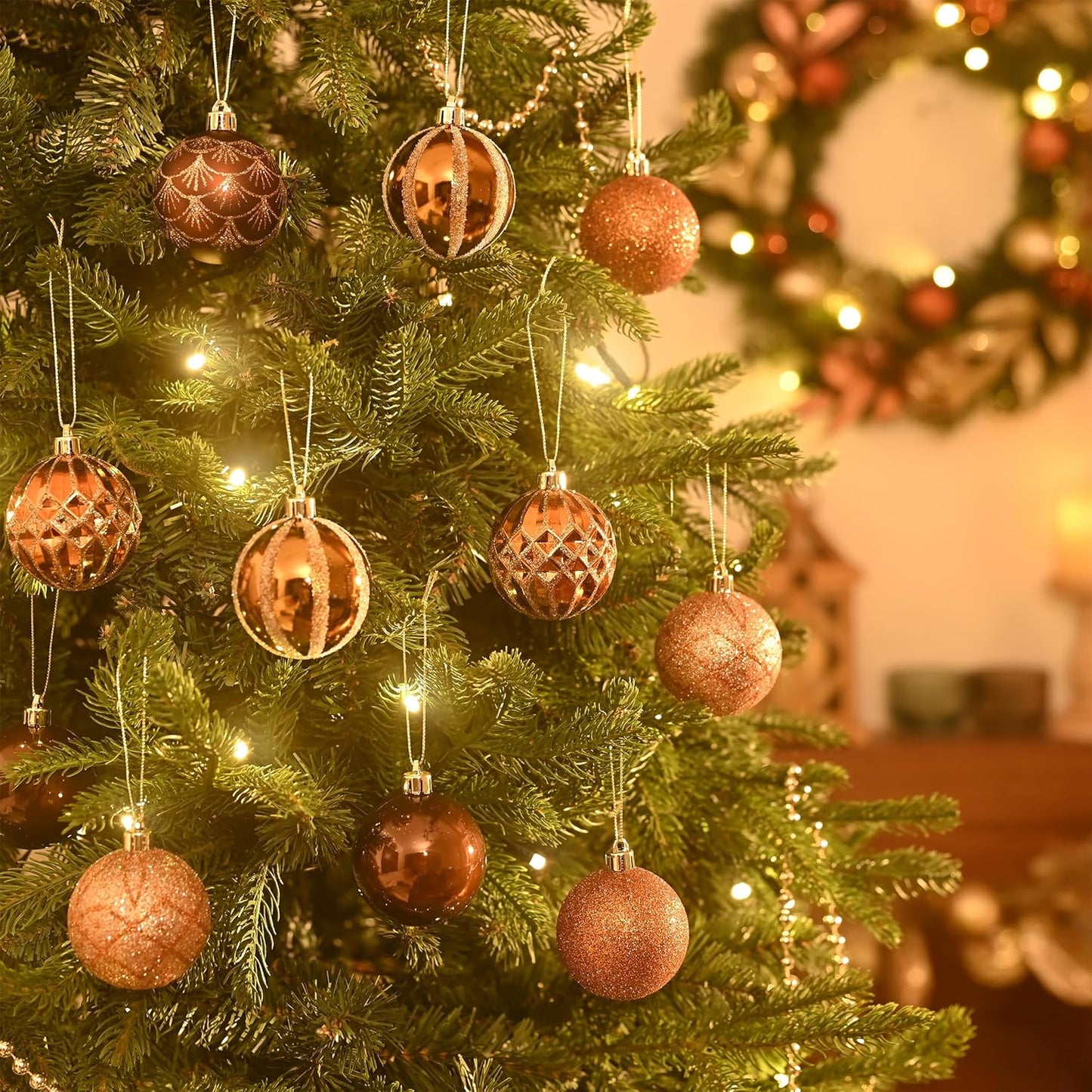 Valery Madelyn Christmas Ornaments Set, 30ct 2 Inches Bronze Copper Brown Gold Shatterproof Christmas Tree Decorations Ball Ornaments Bulk, Elegant Hanging Ornaments for Xmas Holiday Party Decor