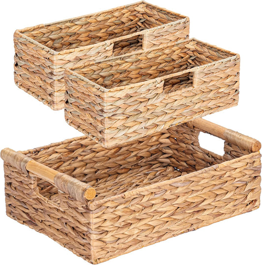VATIMA Large Water Hyacinth Storage Baskets for Organizing with Wooden Handles for Shelves, 2 Bathroom Small Basket, Water Hyacinth Toilet Paper Baskets, Set of Natural Wicker Storage Basket for Home