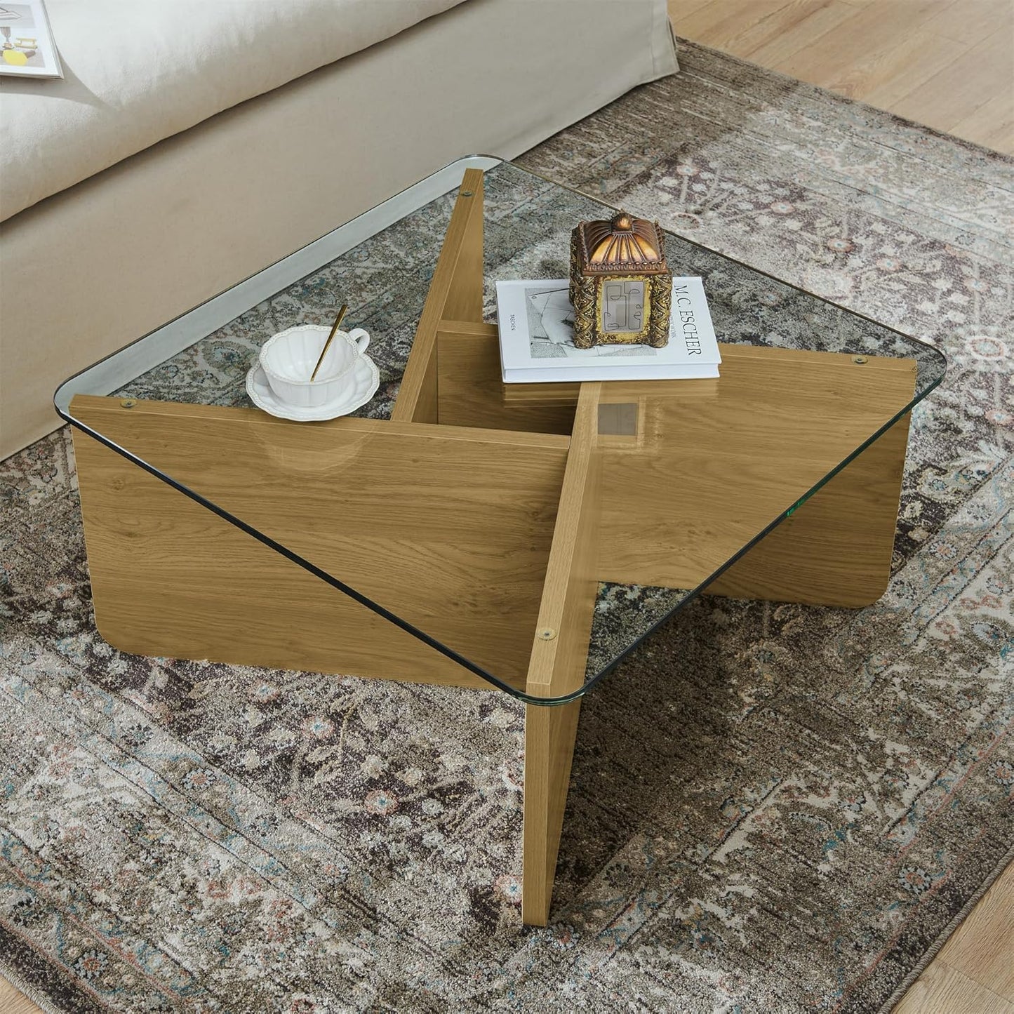 31.5" Glass Coffee Table, MDF Mid-Century Modern Square Coffee Table with Tempered Glass Top, Square Center Tables for Small Space Living Room Office Apartment, Wood