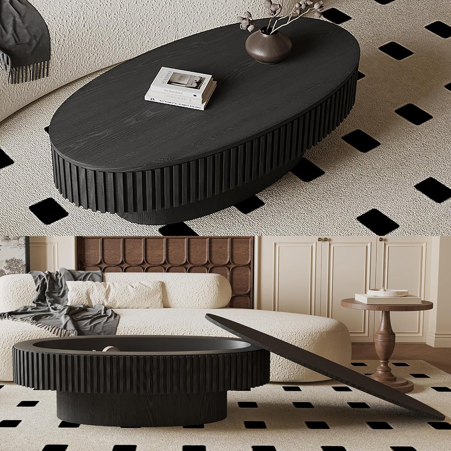 47.2''Oval Coffee Table with Storage, Mid Century Modern Fluted Drum Center Tables with Lid, Solid Wood Side Pedestal Coffee Table Tea Table for Living Room, Bedroom, Apartment-Black