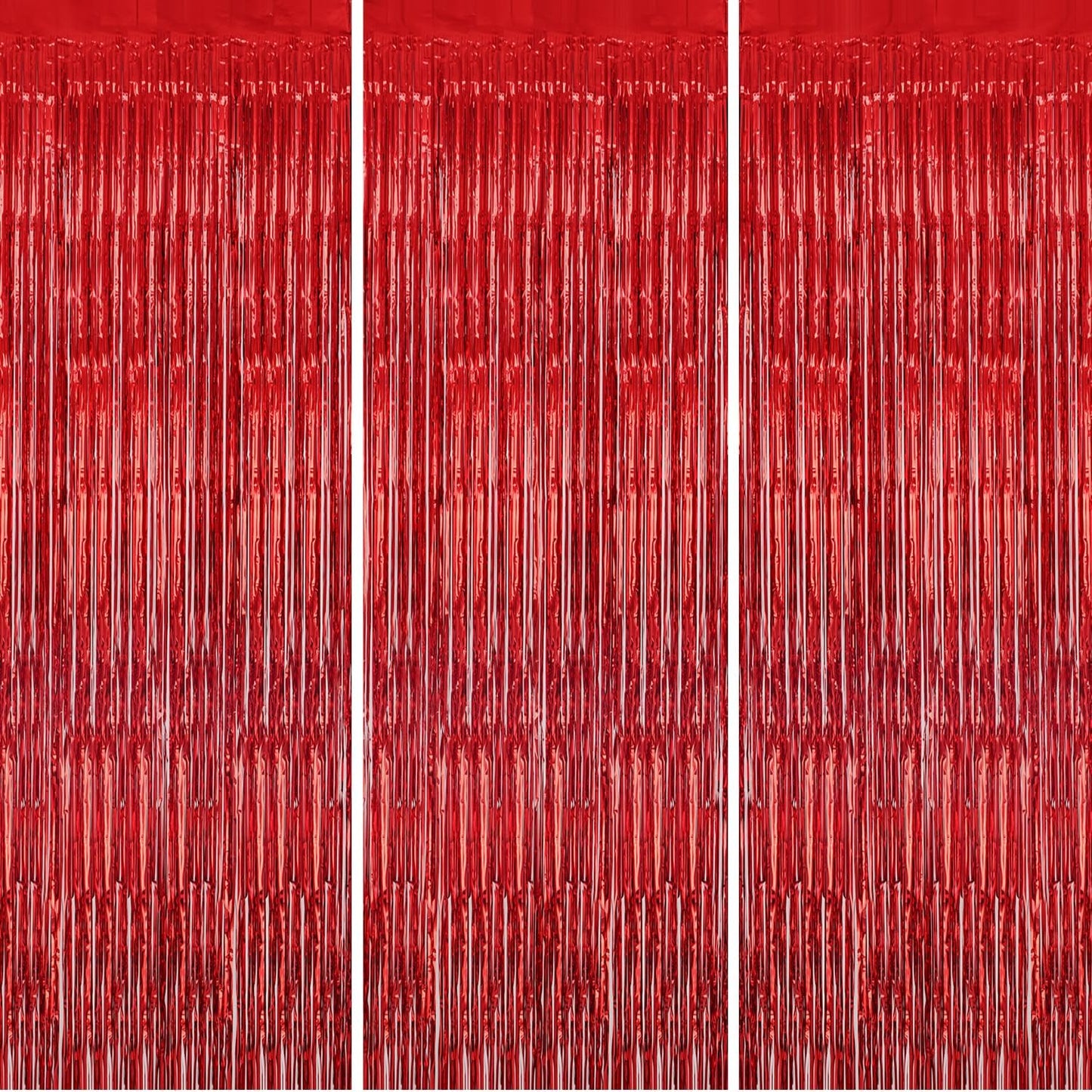 3 Pack Foil Fringe Backdrop - Red Shiny Tinsel Curtains for Party Decoration/Photo Booth Props - 3.3x8.2 FT Metallic Foil Backdrop for Birthday, Wedding, Graduation, Christmas.