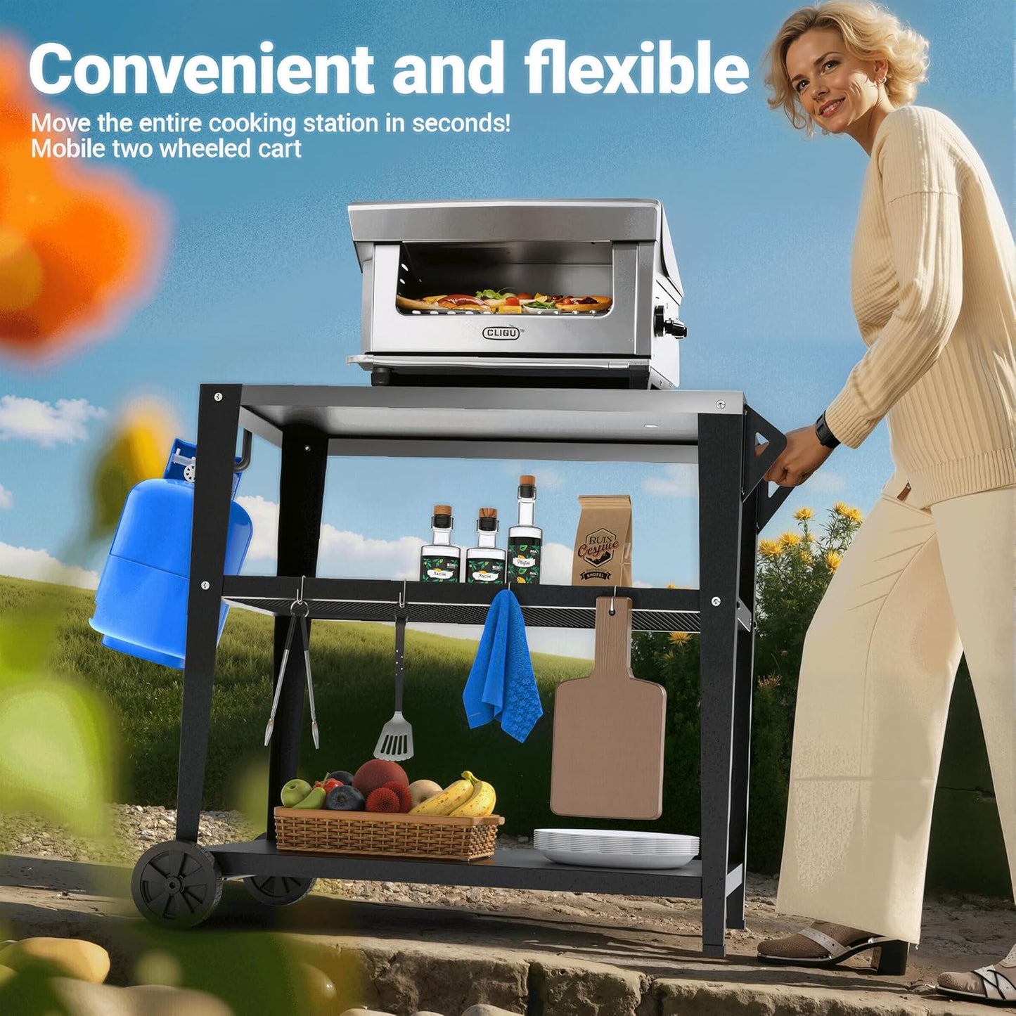 3-Shelf Outdoor Grill Table & Pizza Oven Cart with Wheels, Stainless Steel BBQ Prep Table with Hooks, Mobile Grill Stand for Blackstone/Ooni (Stainless Steel)