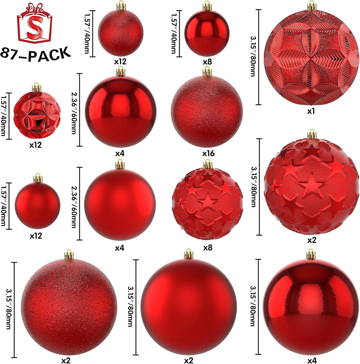 87ct Christmas Ball Ornaments Set Shatterproof Seasonal Hanging Decorations with Reusable Hand-held Gift Package for Xmas Tree Holiday Party and Home Decor, Red
