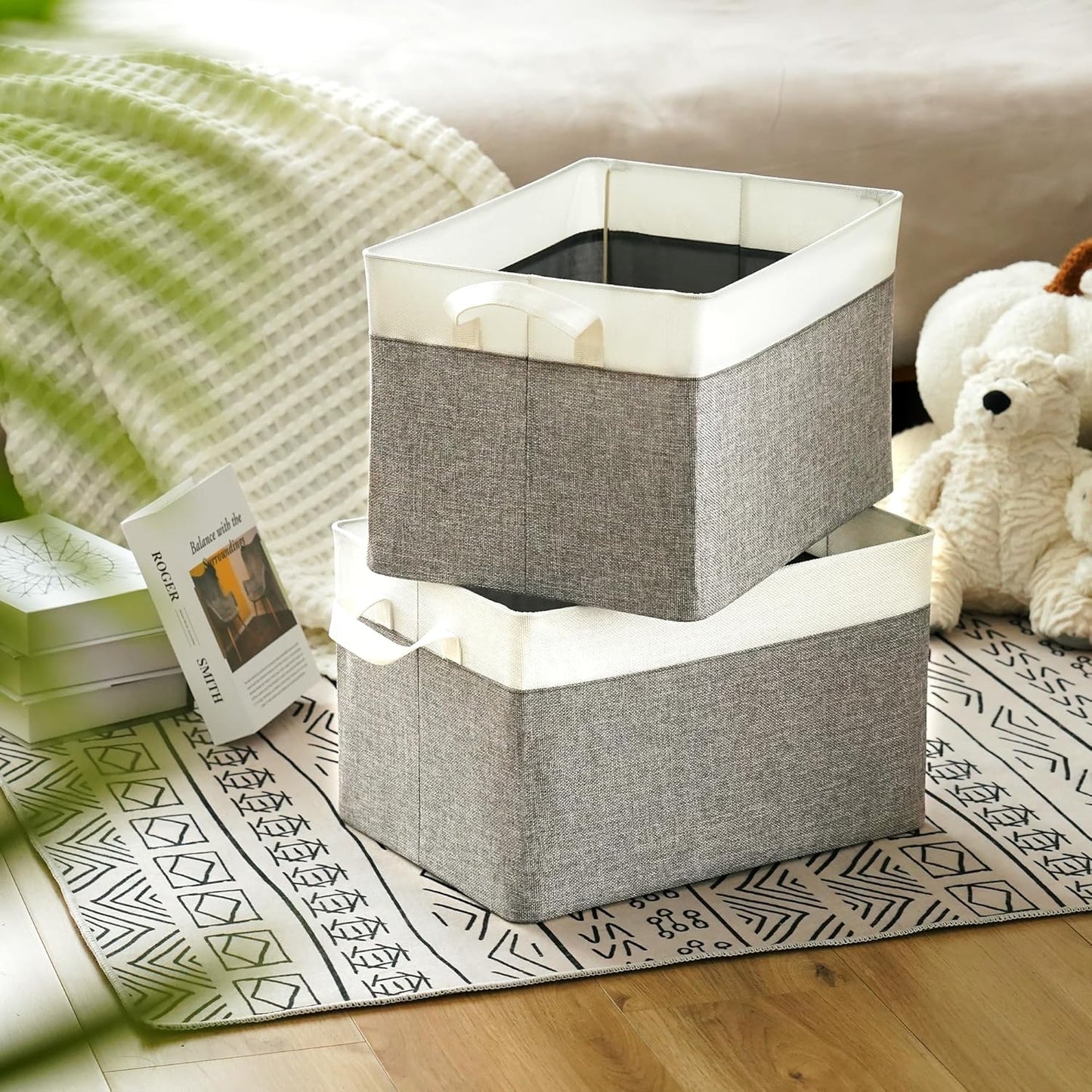 GRANNY SAYS Storage Baskets for Shelves, Closet Organizer Bins, Clothes Storage Bins with Metal Frame, Extra Large Baskets for Organizing and Storage, Collapsible, Gray&White, 2-Pack