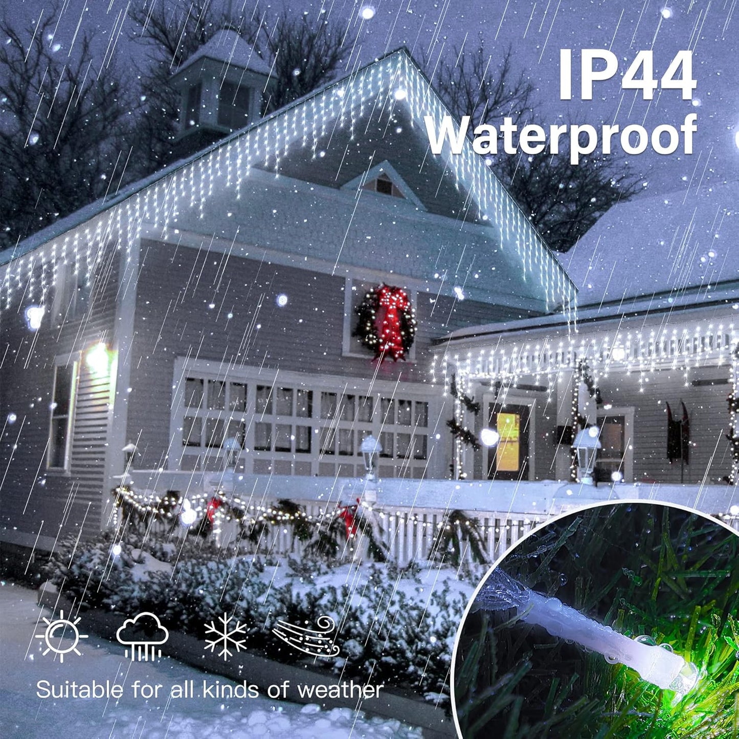Hopolon 33FT 360L LED Christmas Icicle Lights Outdoor Waterproof,8 Modes Plug in Curtain String Lights with 60 Drops,Christmas Lights for Wedding,Party,Bedroom,Home,Garden,Wall Decorations(White)