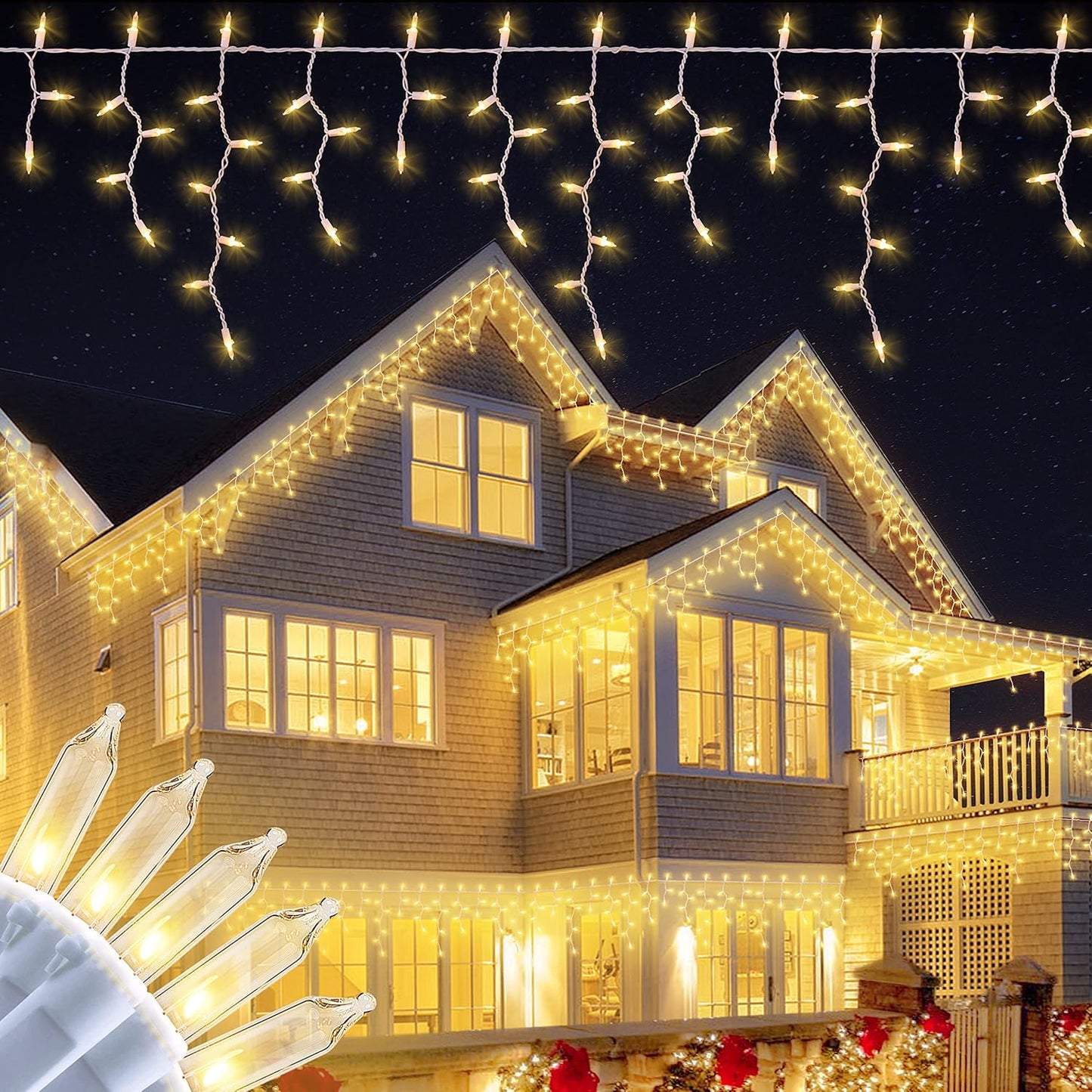 200 Christmas Icicle Lights, Warm White Clear Bulbs with 23FT Long White Wire, Professional Grade String Lights for Indoor & Outdoor,Xmas,Party, Patio, Courtyard, Window, Fence, Trees Decor