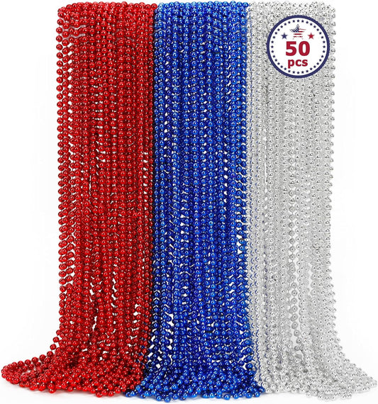4th of July Necklace Party Favors, 50PCS 4th of July Round Beads Necklace Bulk, Fourth of July Red Blue Silver Necklace, Independence Day Beads Bulk for Patriotic Parade Party Celebration Favor Decor